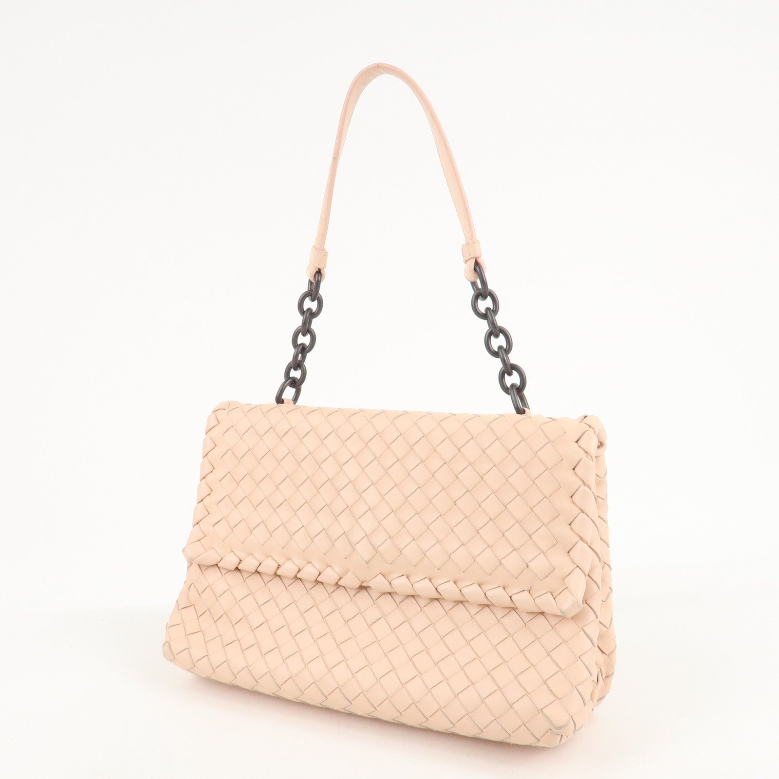 BOTTEGA VENETA Intrecciato Leather Chain Shoulder Bag Pink Beige Used