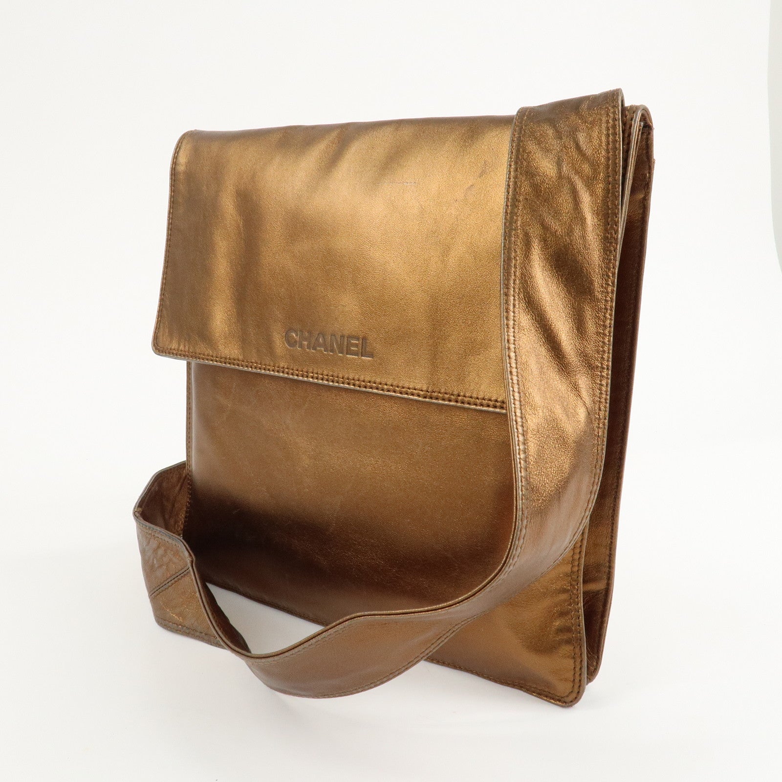 CHANEL Leather Logo Shoulder Bag Hand Bag Gold Used