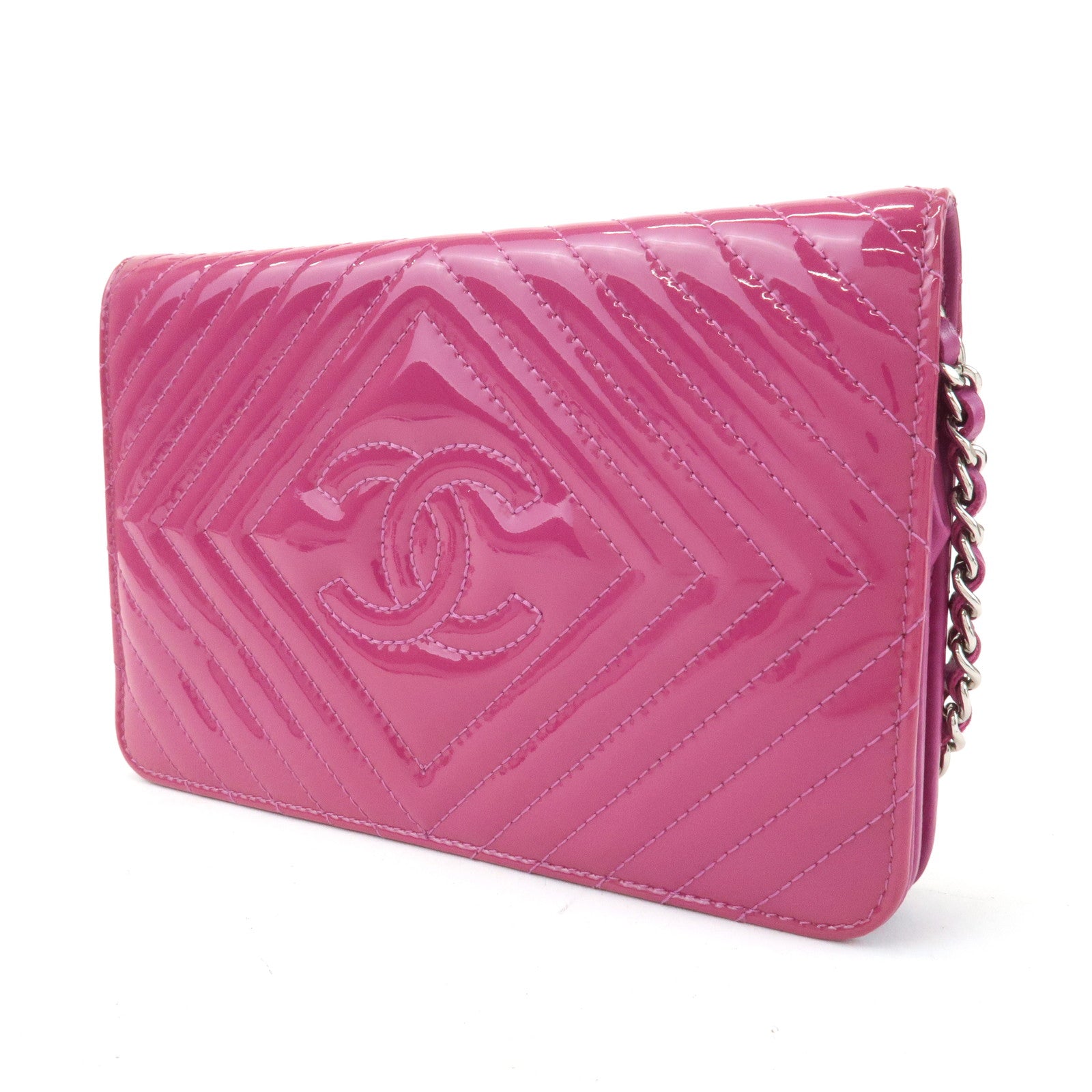 CHANEL COCO Mark Shevron Patent Leather V Stitch Chain Wallet Used