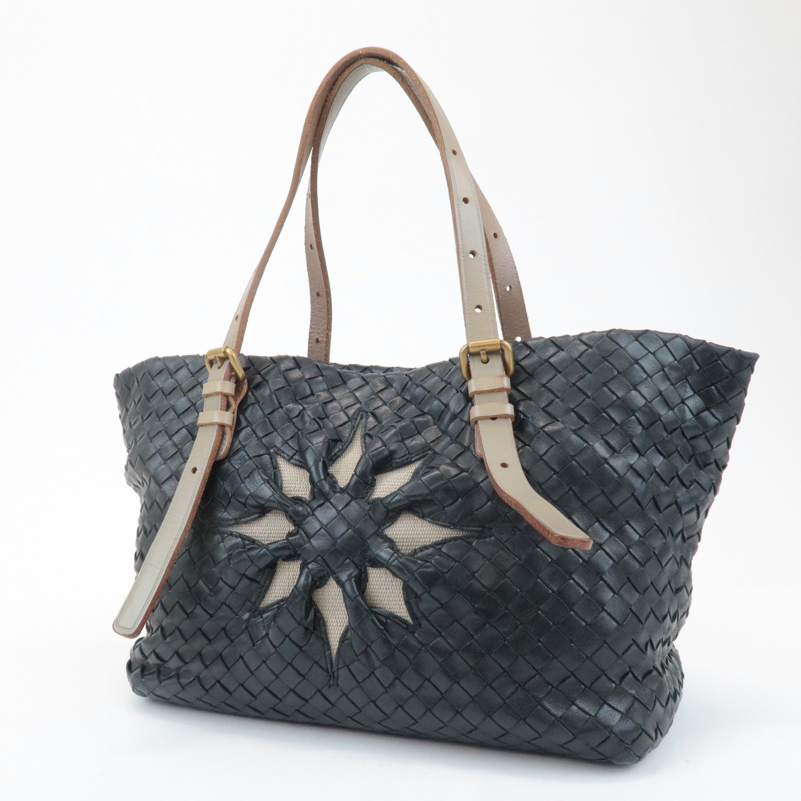BOTTEGA VENETA Intrecciato Leather Tote Bag Balck Beige 169759 Used