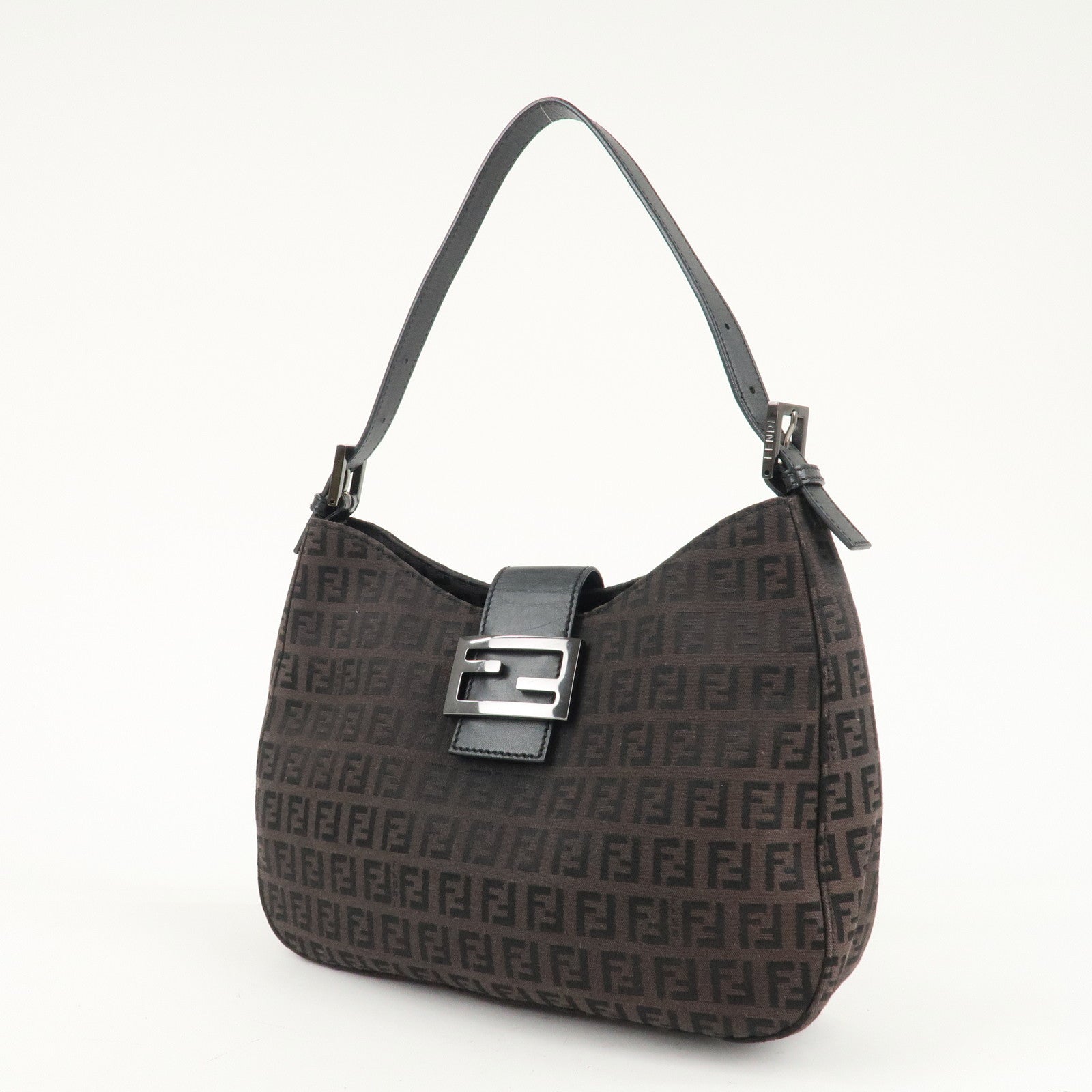FENDI Zucchino Canvas Leather Shoulder Bag Brown Black 8BR036 Used