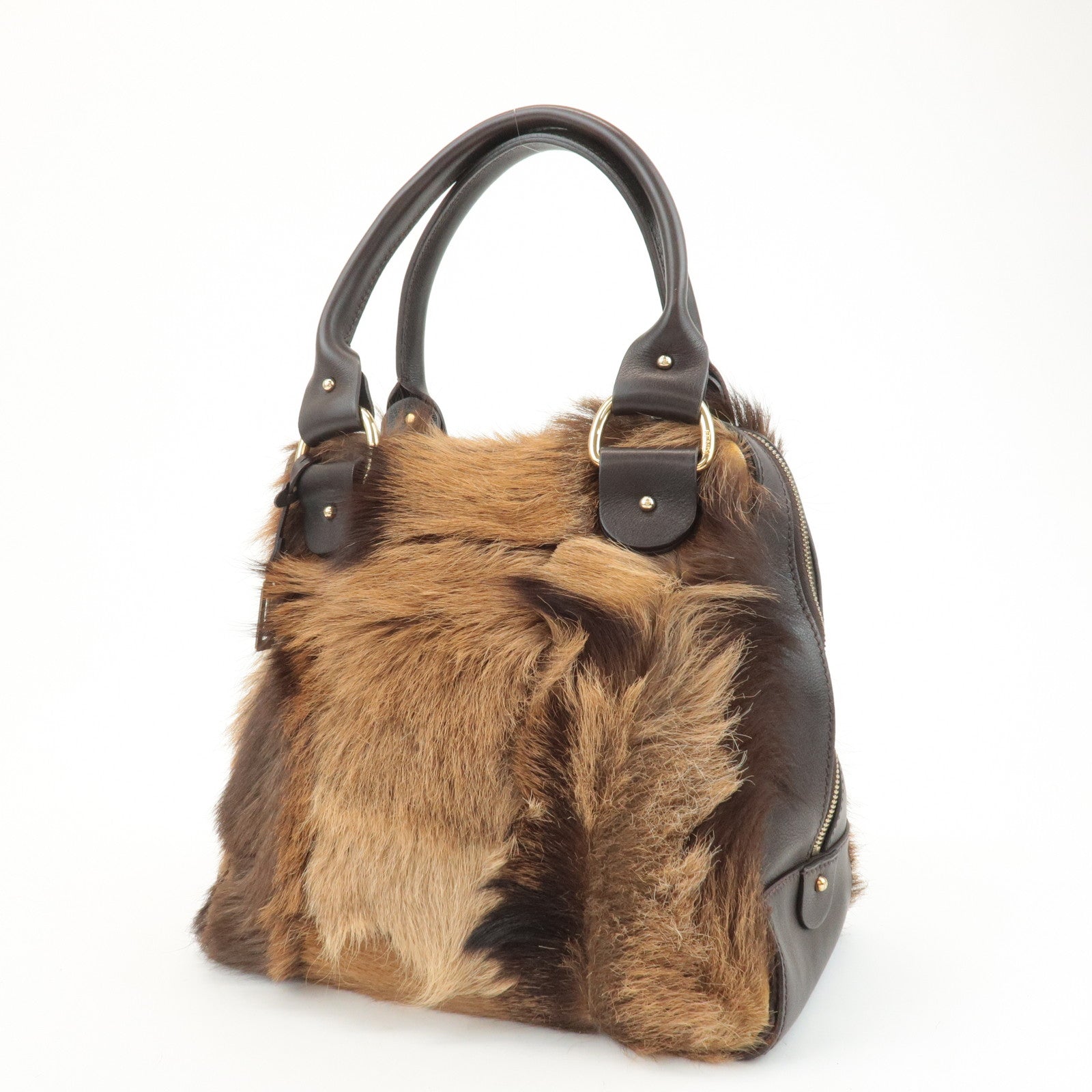 FENDI Unborn Calf Leather Hand Bag Shoulder Bag Brown 8BR286 Used