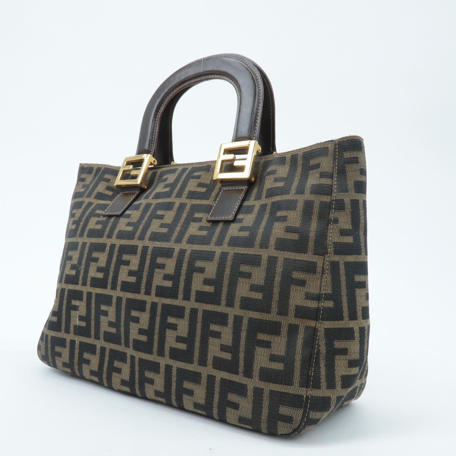 FENDI Zucca Canvas Leather Tote Bag Hand Bag Brown Used