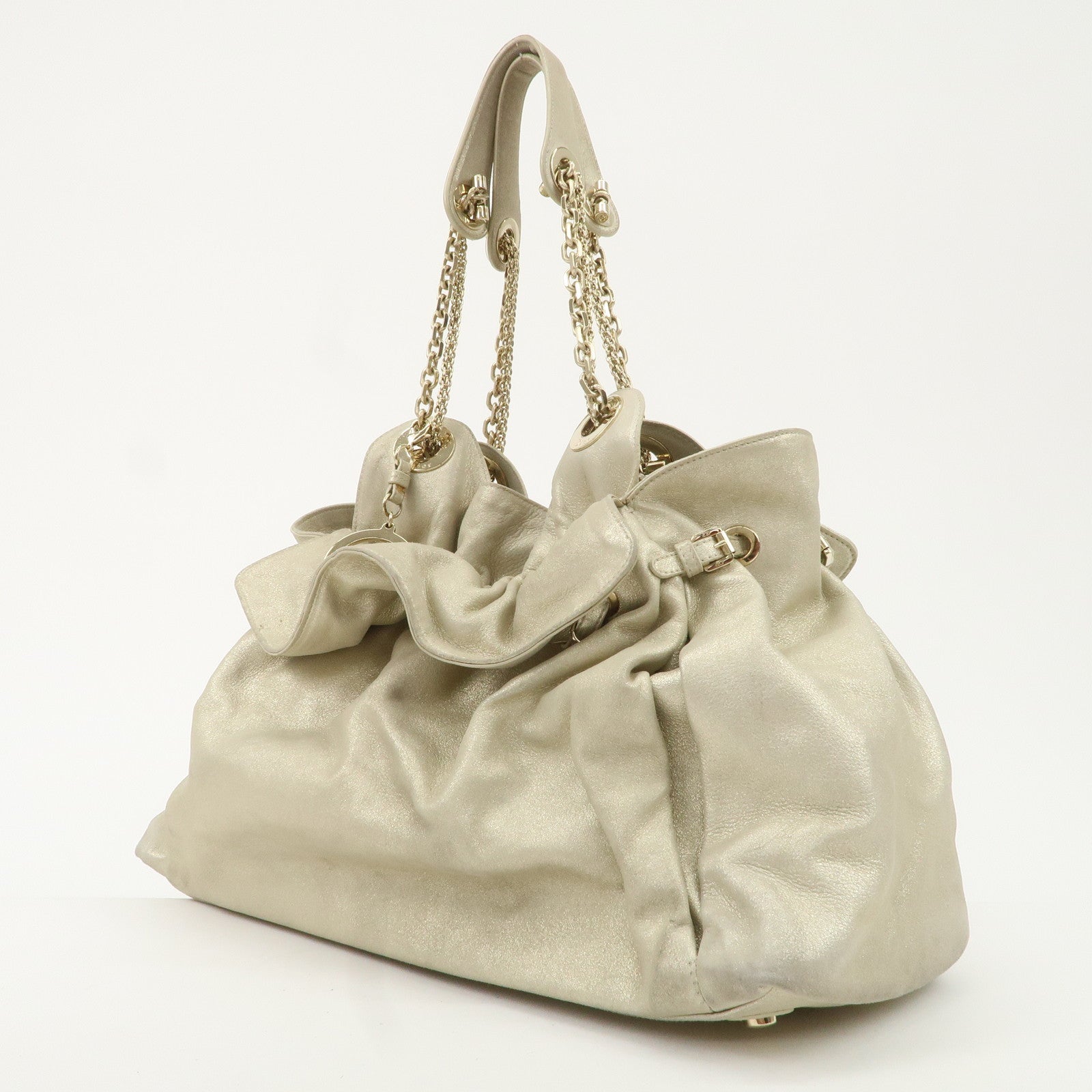 Christian Dior Leather Chain Shoulder Bag Tote Bag Silver Used