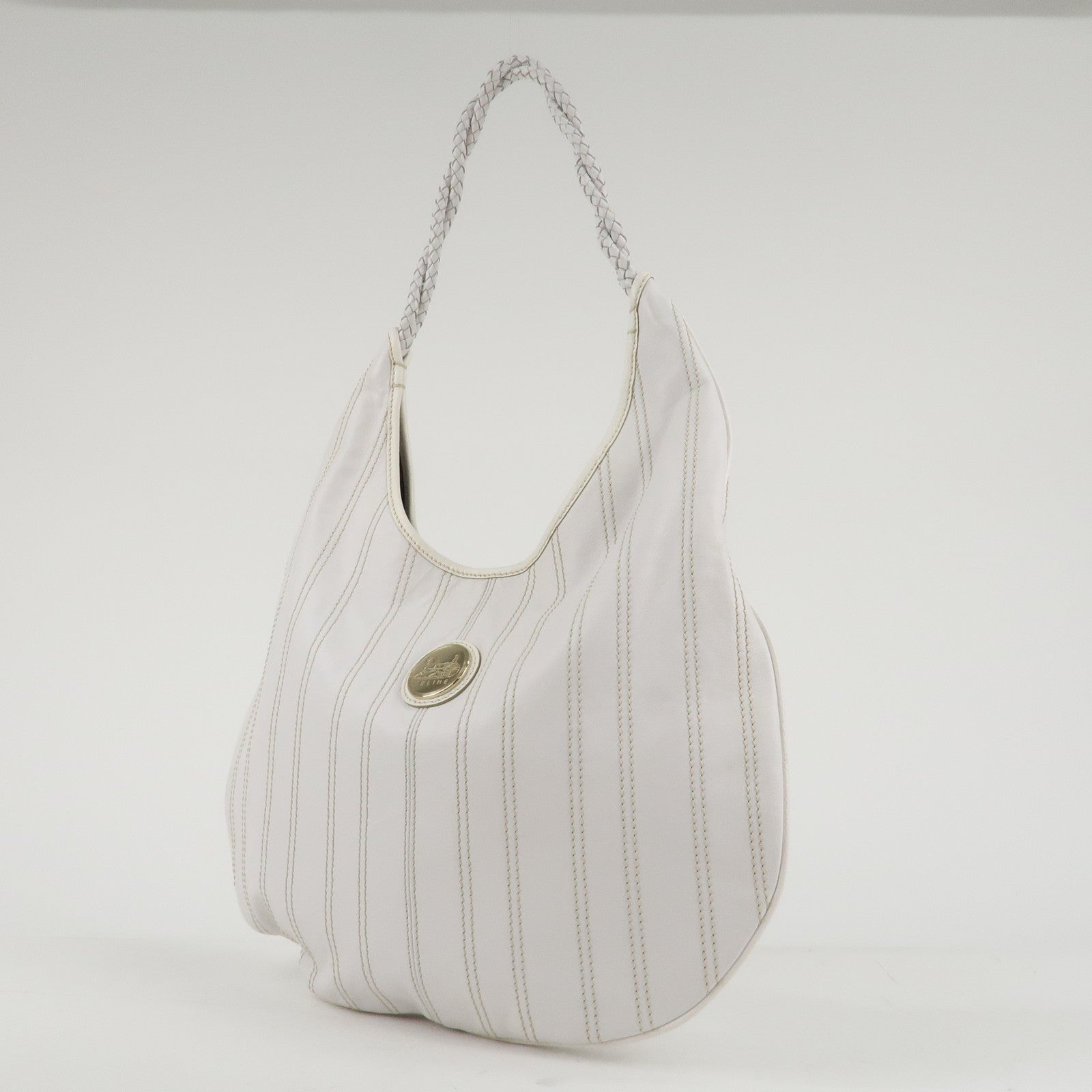 CELINE Leather Shoulder Bag White Gold Hardware Used