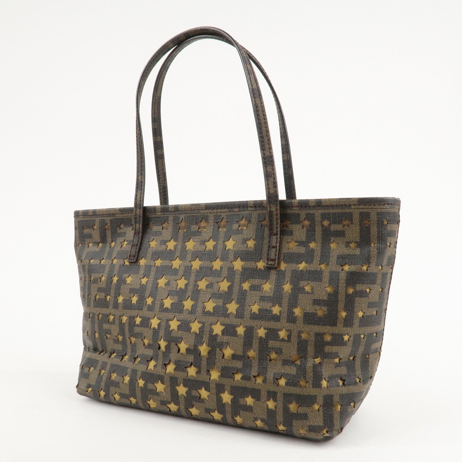 FENDI Zucca PVC Nylon Tote Bag Star Punching Brown Black 8BH223 Used