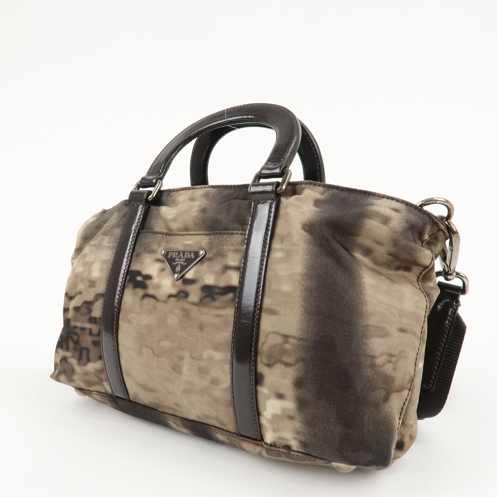 PRADA Nylon Patent Leather 2Way Bag Beige Black Dark Brown Used