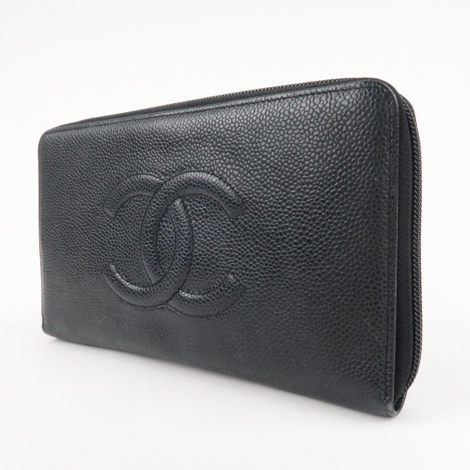 CHANEL COCO Mark Caviar Skin Zippy Long Wallet Black A50071 Used