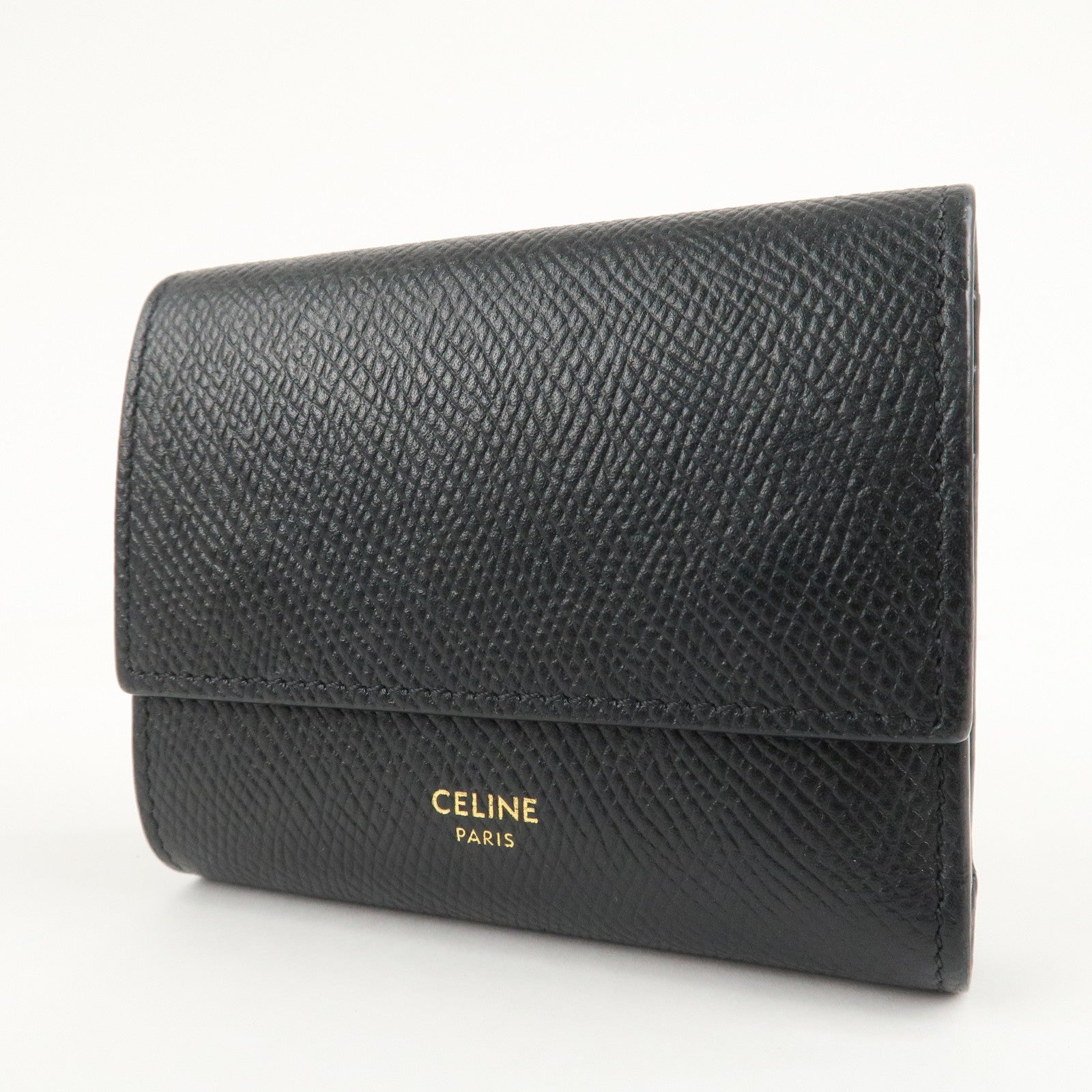 CELINE Logo Leather Small Tri-fold Wallet Black Used