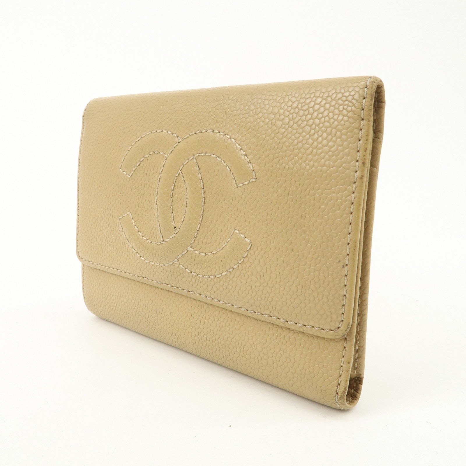 CHANEL Caviar Skin COCO Mark Tri-Fold Wallet Beige Gold Used
