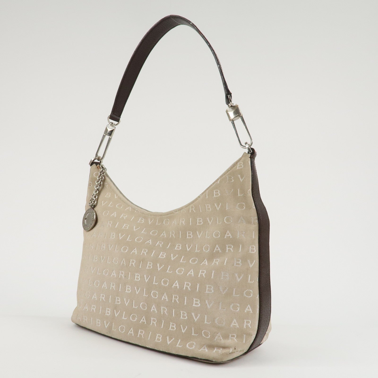 BVLGARI Logomania Canvas Leather Shoulder Bag Beige Dark Brown Used