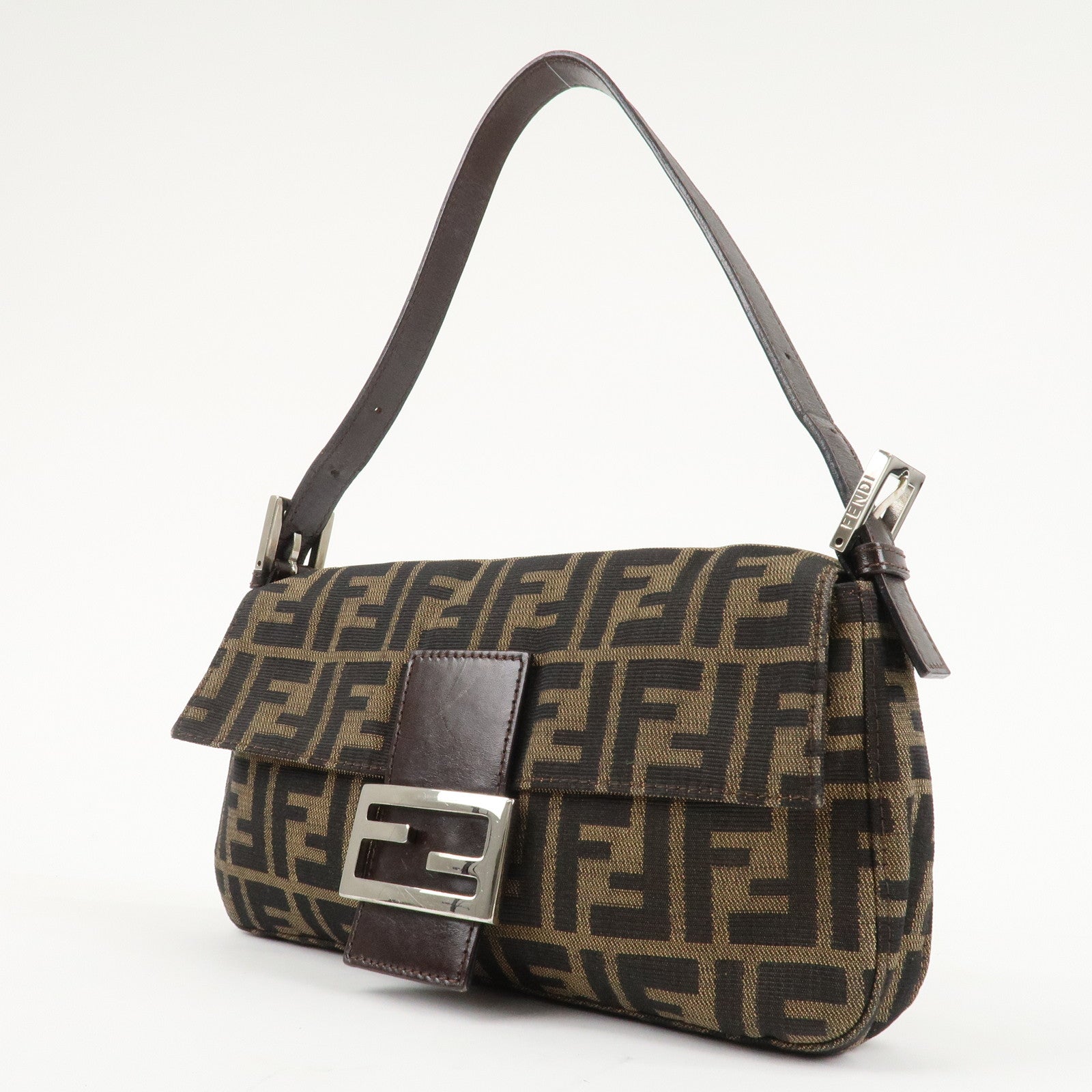 FENDI Mamma Baguette Zucca Canvas Shoulder Bag Brown Black 26424 Used