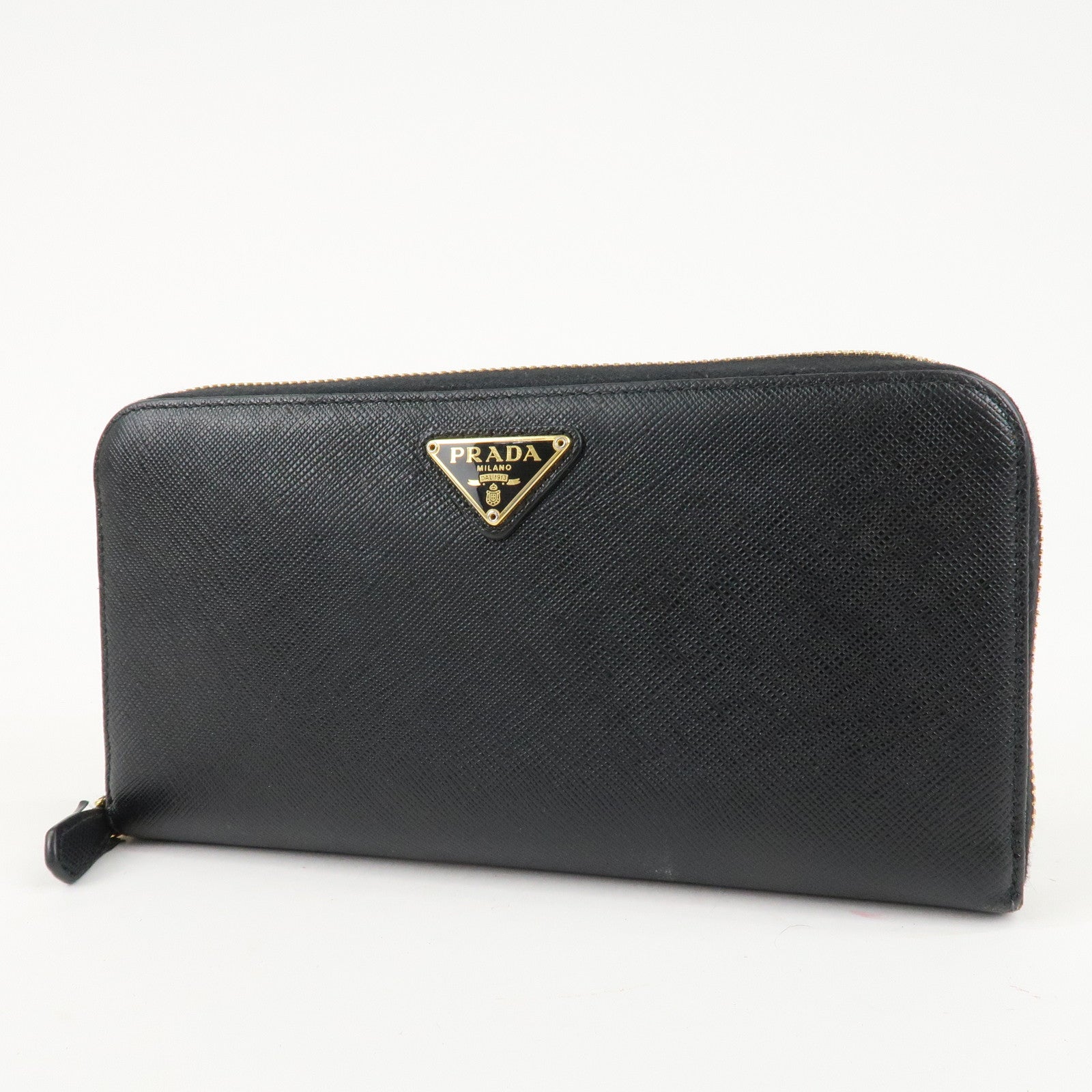 PRADA Saffiano Leather Round Zipper Long Wallet Black 1M0506 Used