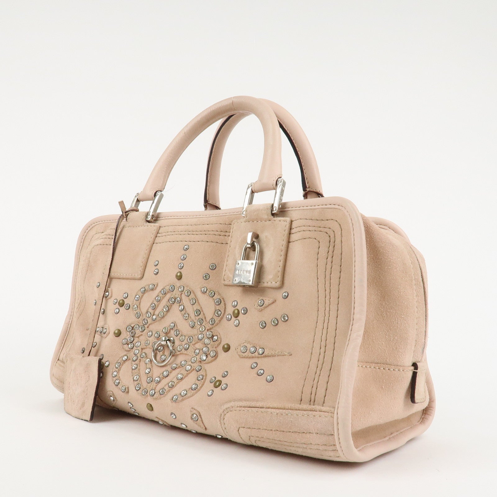 LOEWE Suede Amazona 28 Bijou Hand Bag Beige Pink Silver Hardware Used