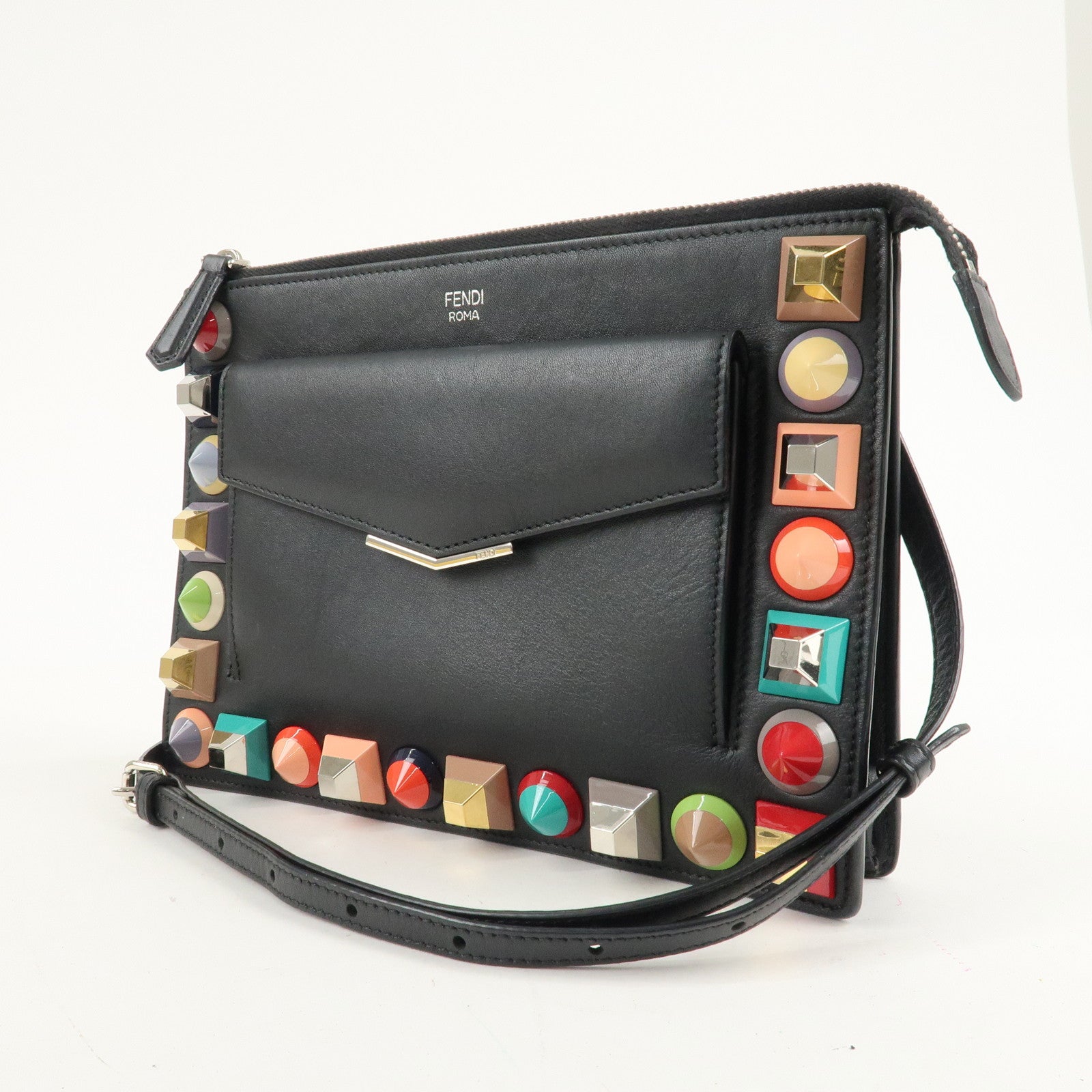 FENDI Leather Toujours Multi-Studs Shoulder Bag Black 8M0369 Used