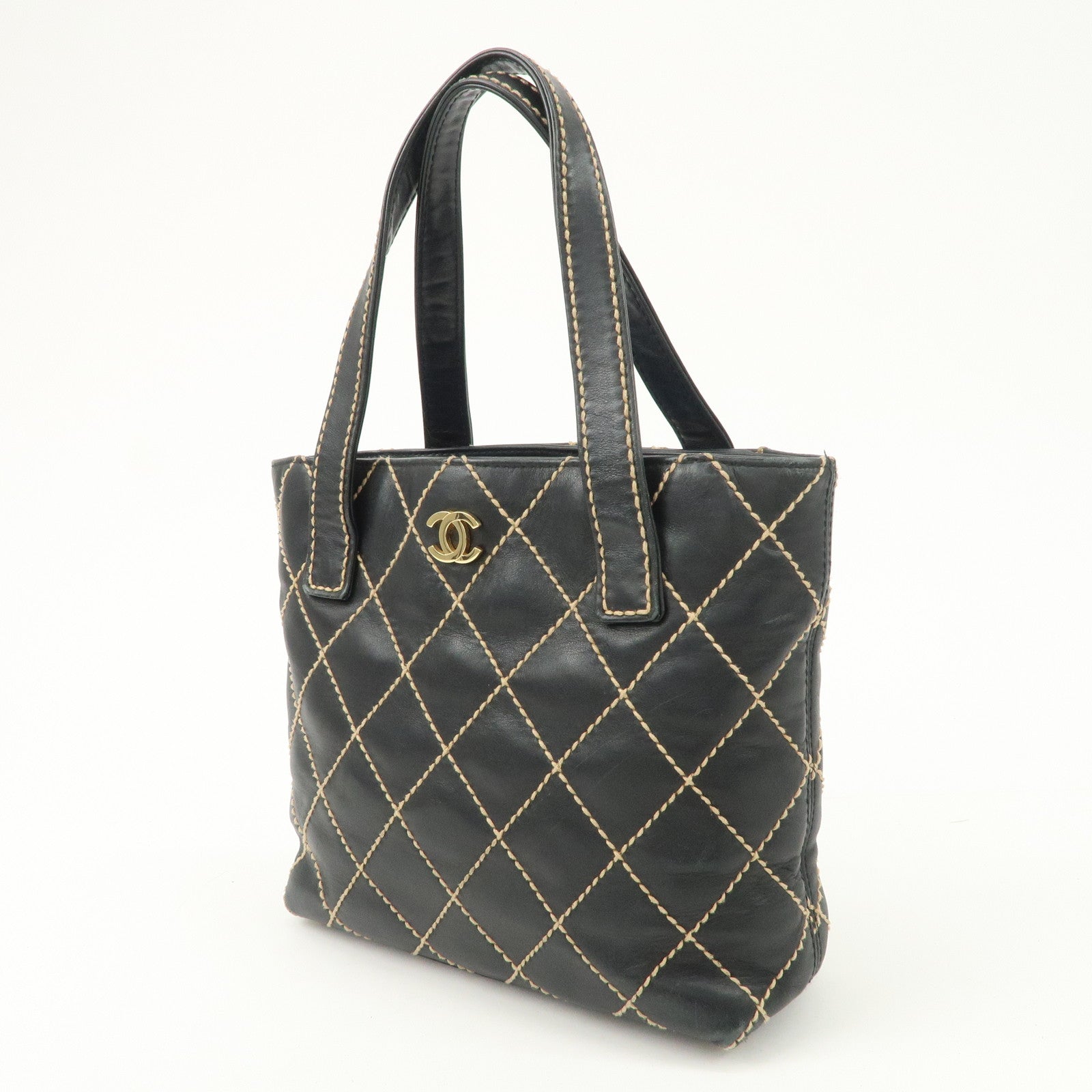 CHANEL Wild Stitch Lamb Skin Tote Bag Hand Bag Black A18126 Used
