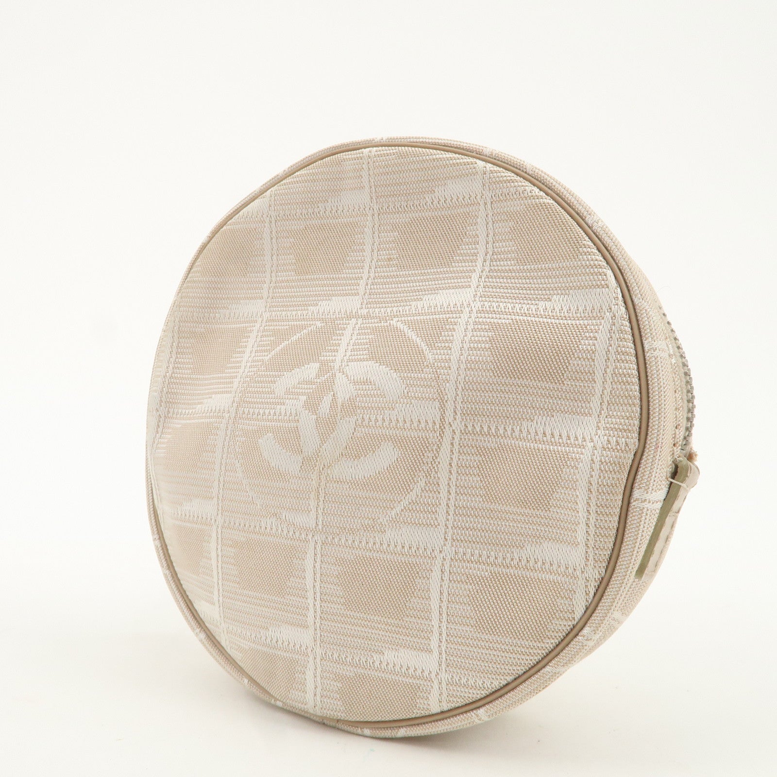 CHANEL New Travel Line Nylon Jacquard Leather Round Pouch T9951S Used