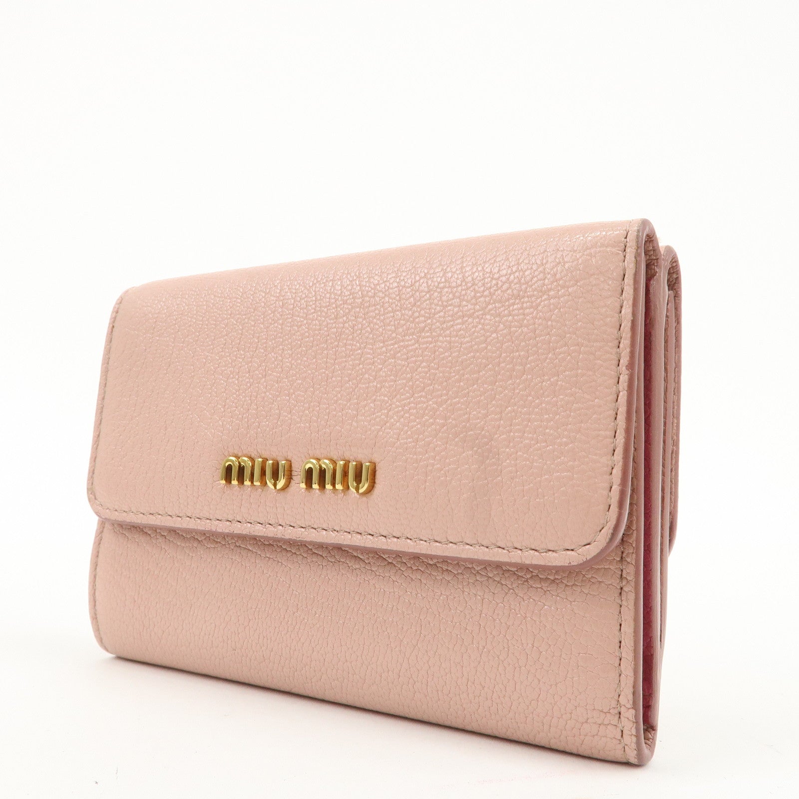 MIU MIU Leather Double Hook Bi-fold Wallet Pink Gold Hardware Used