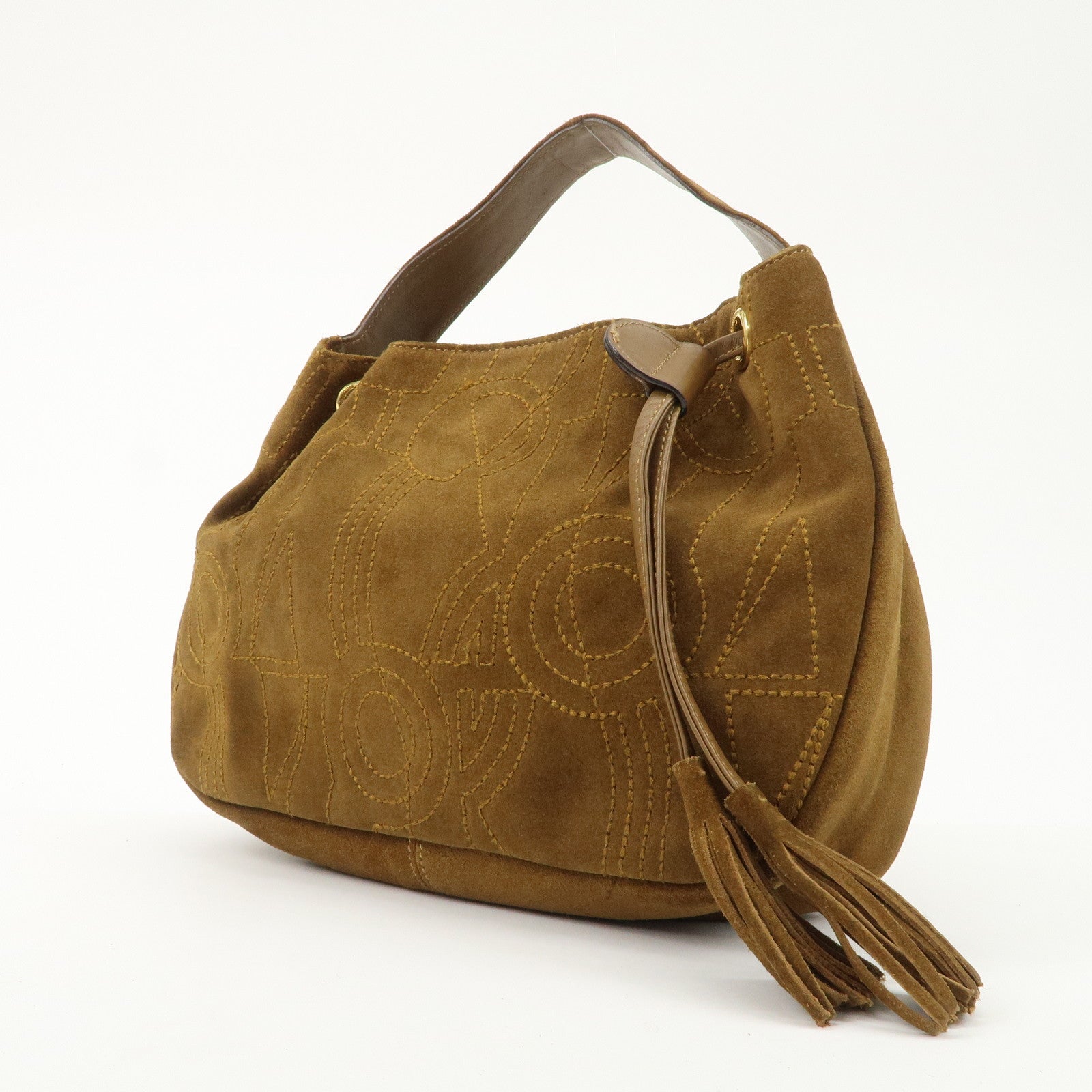 Salvatore Ferragamo Suede Hand Bag Stitch Brown BZ-21 5699 Used