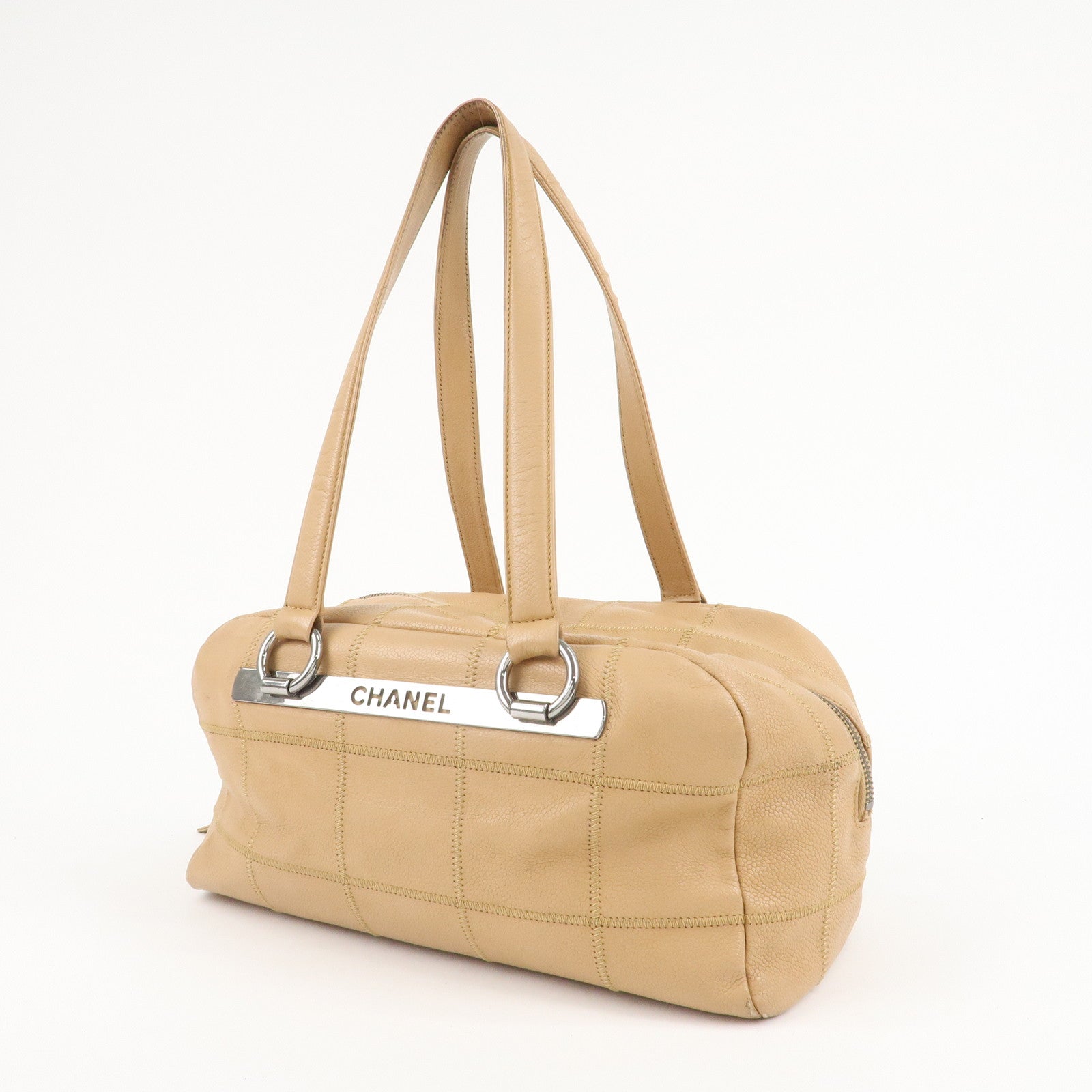 CHANEL Chocolate Bar Caviar Skin Mini Boston Bag Beige A26135 Used