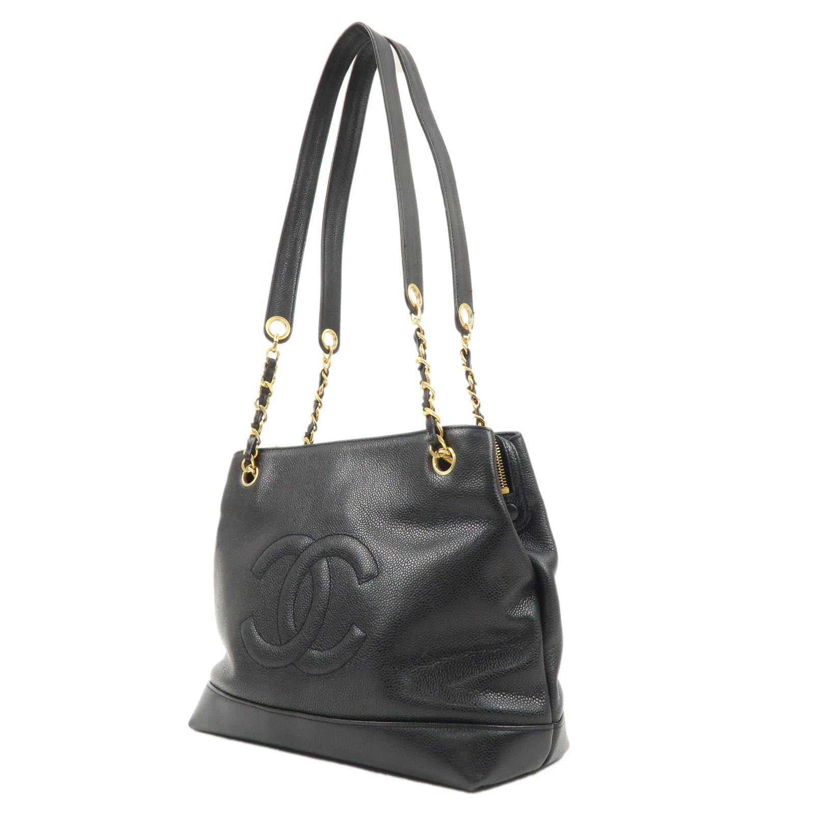 CHANEL Caviar Skin COCO Mark Chain Tote Bag Shoulder Bag Black Used