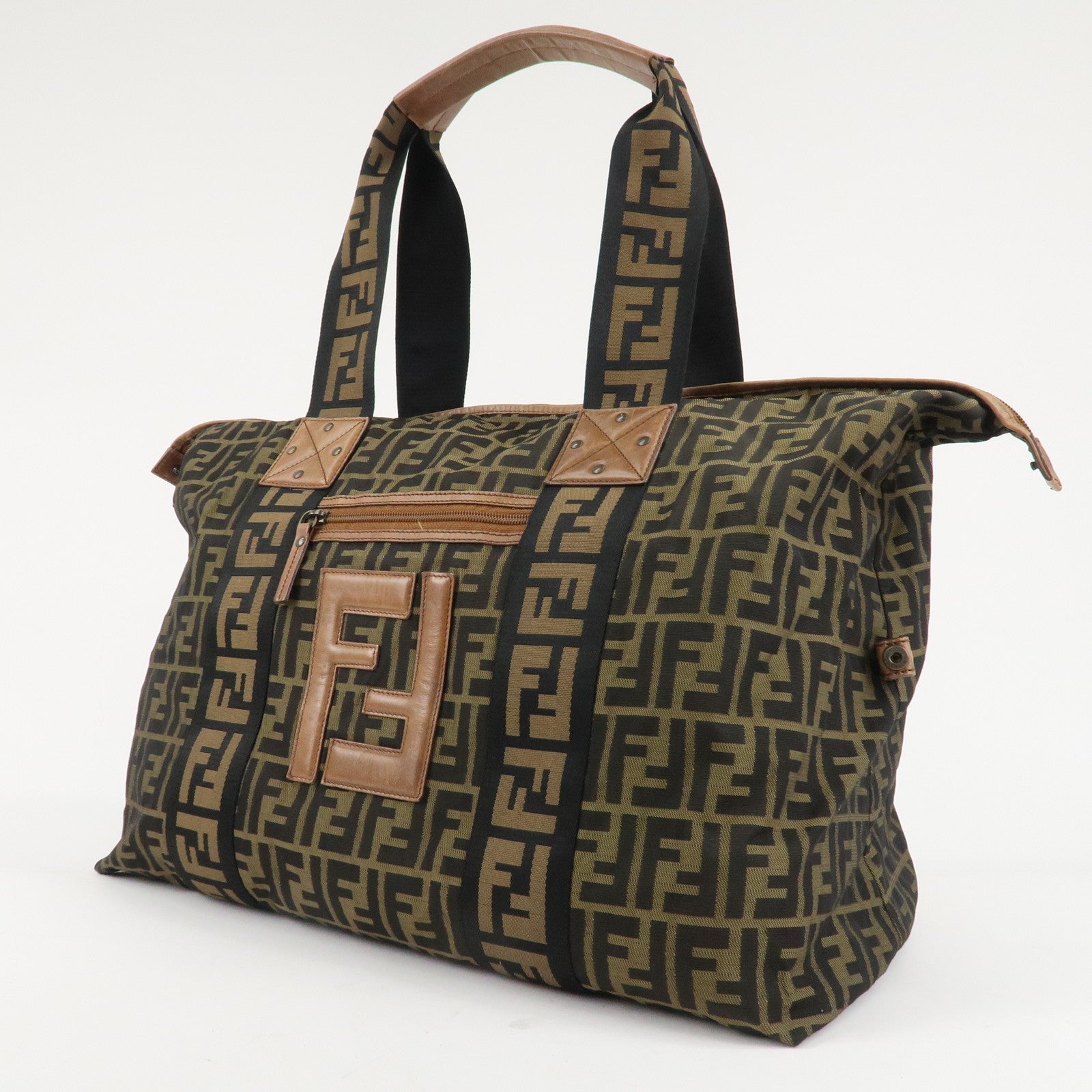 FENDI Zucca Nylon Leather Boston Bag Brown Black 7VS071 Used