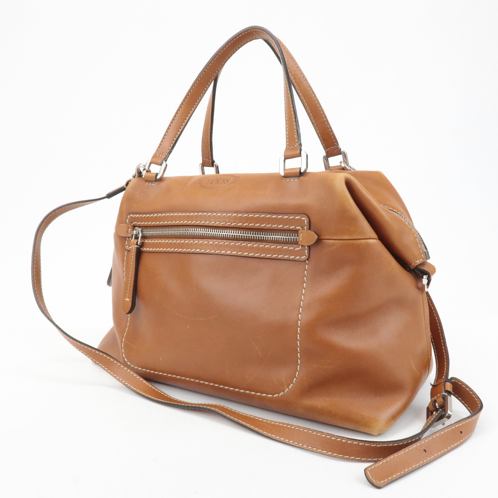 TOD'S Leather 2Way Bag Hand Bag Brown Used