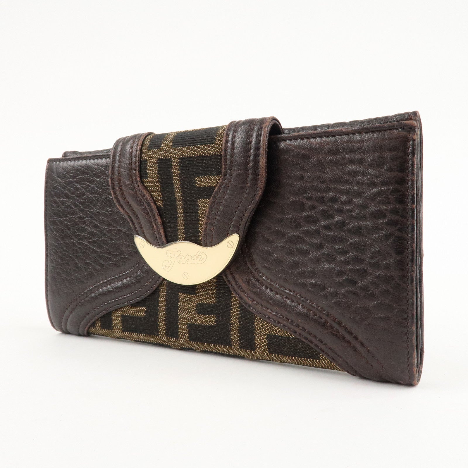 FENDI Zucca Canvas Leather W Hook Bifold Long Wallet 8N0032 Used