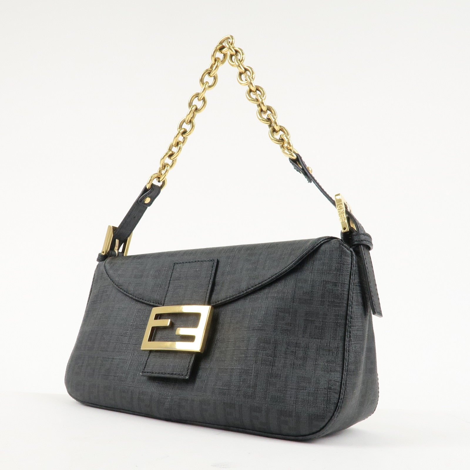 FENDI Zucchino PVC Leather Chain Shoulder Bag Gray Black 8BR003 Used