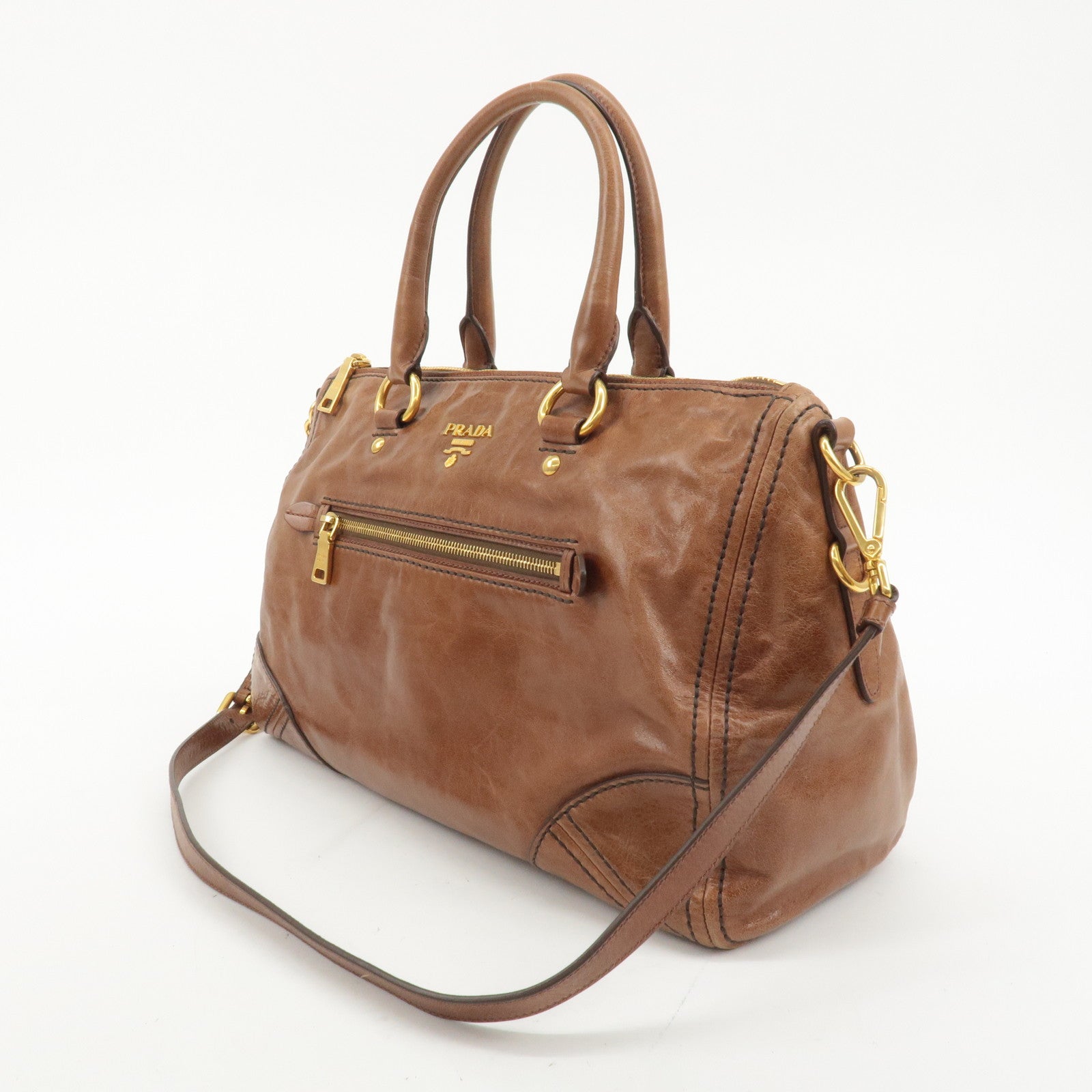 PRADA Logo Leather 2way Hand Bag Shoulder Bag Brown BL0727 Used