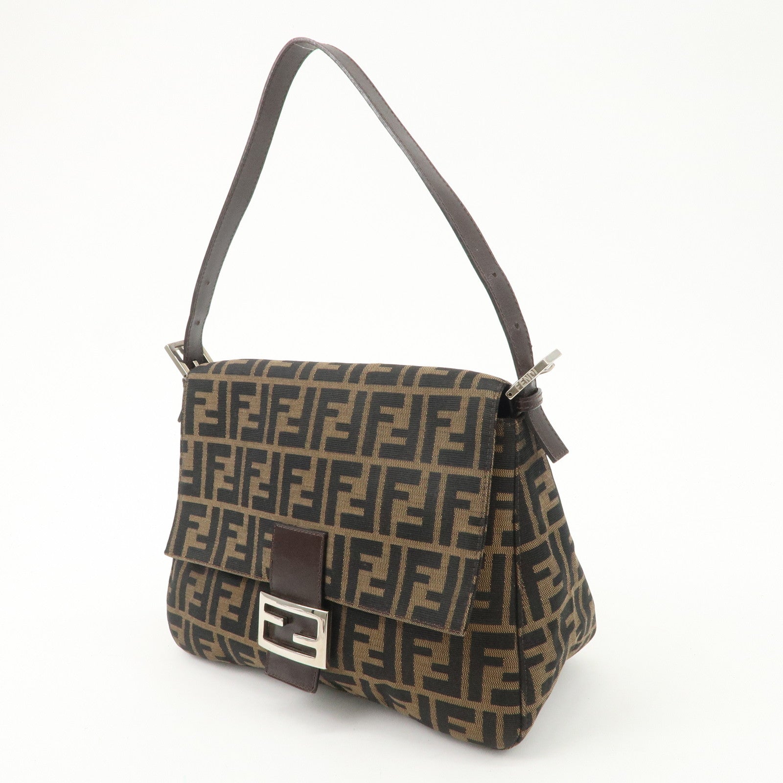 FENDI Mamma Baguette Canvas Leather Shoulder Bag Silver HDW 26325 Used