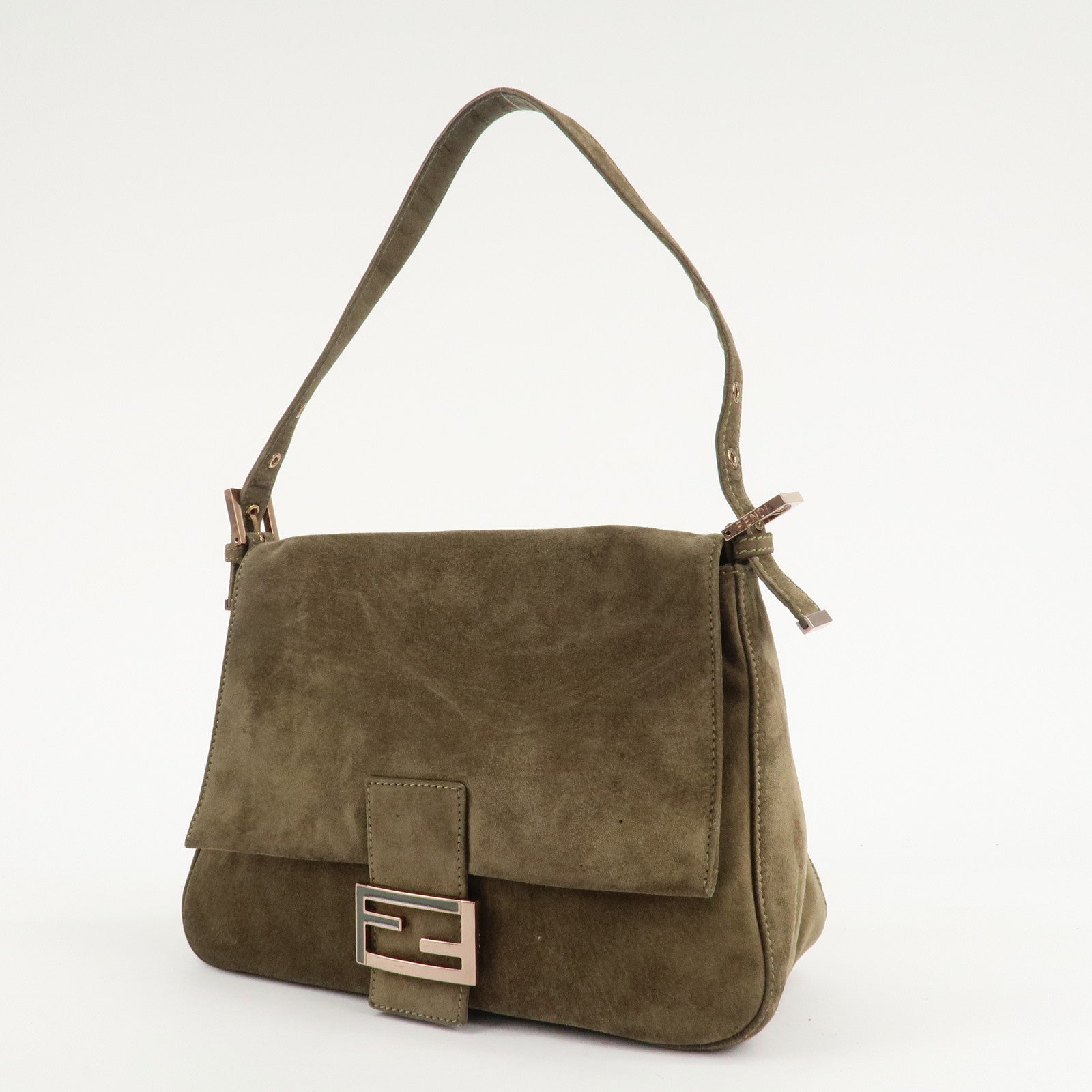 FENDI Mamma Baguette Suede Shoulder Bag Khaki 8BR001 Used