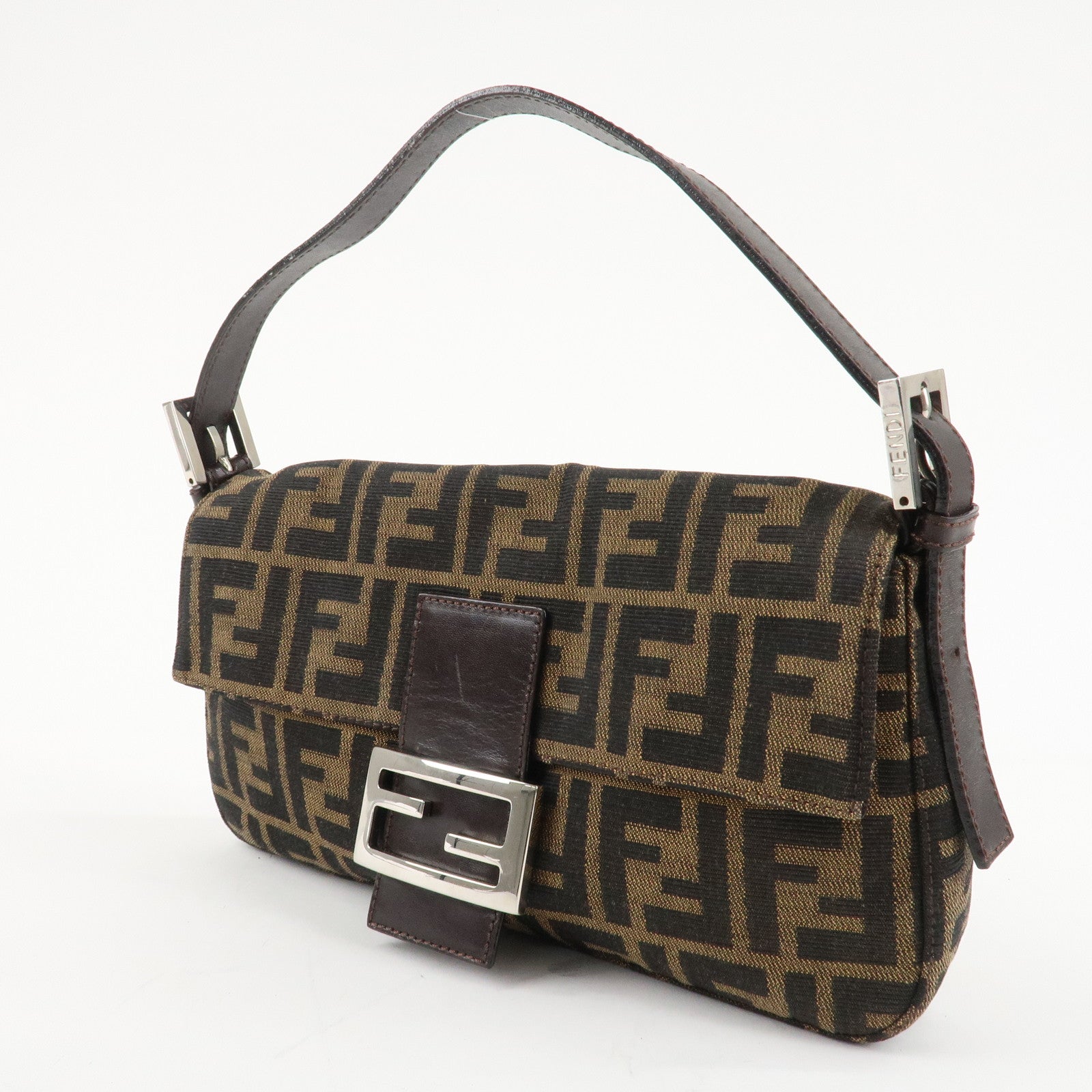 FENDI Mamma Baguette Zucca Canvas Shoulder Bag Brown Black 26424 Used