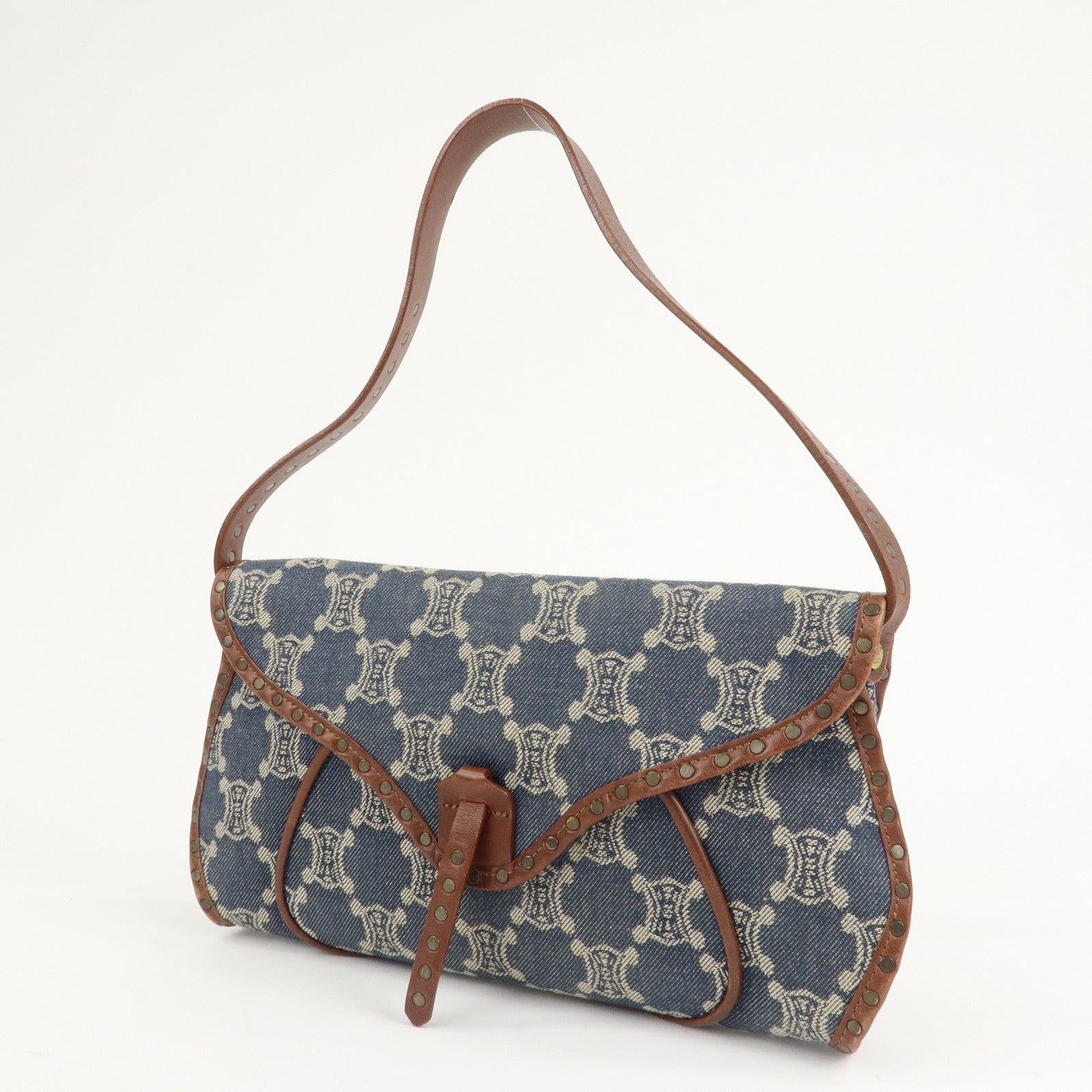 CELINE Macadam Denim Leather Shoulder Bag Blue Brown Used