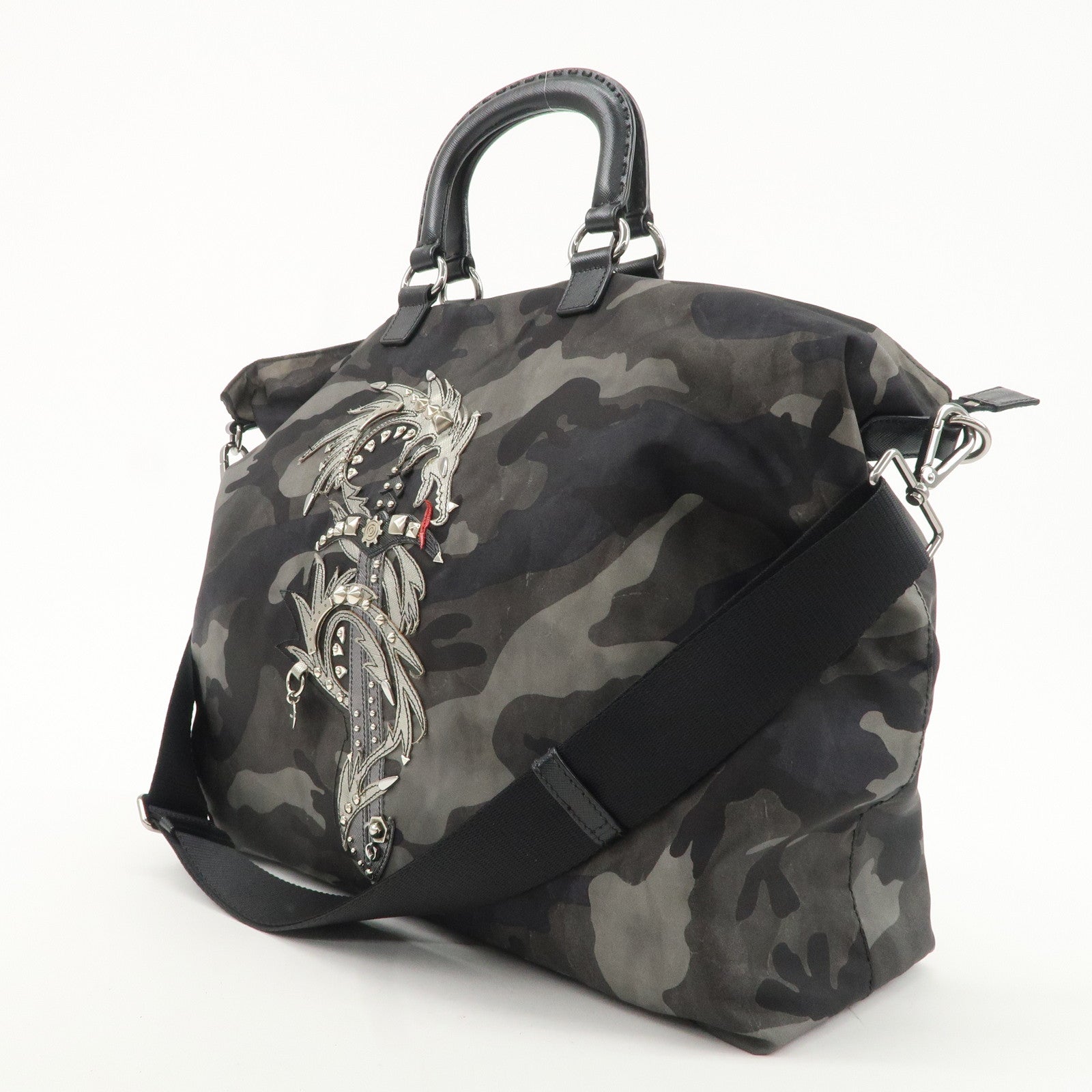 PRADA Logo Nylon Leather 2Way Shoulder Bag Camouflage Dragon VA889 Used