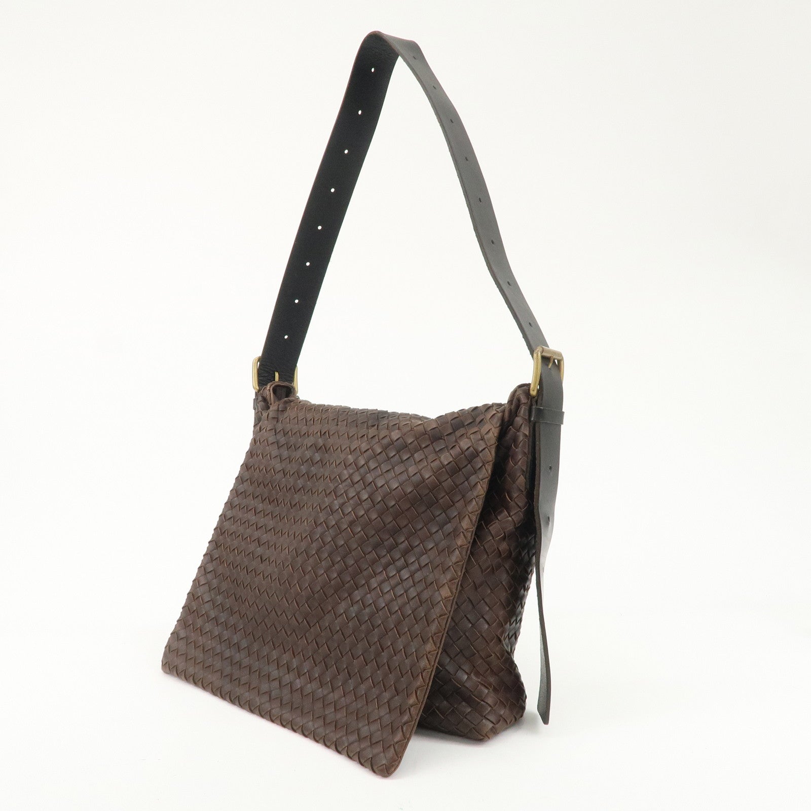 BOTTEGA VENETA Intrecciato Leather Shoulder Bag Dark Brown BlackUsed F/S Used