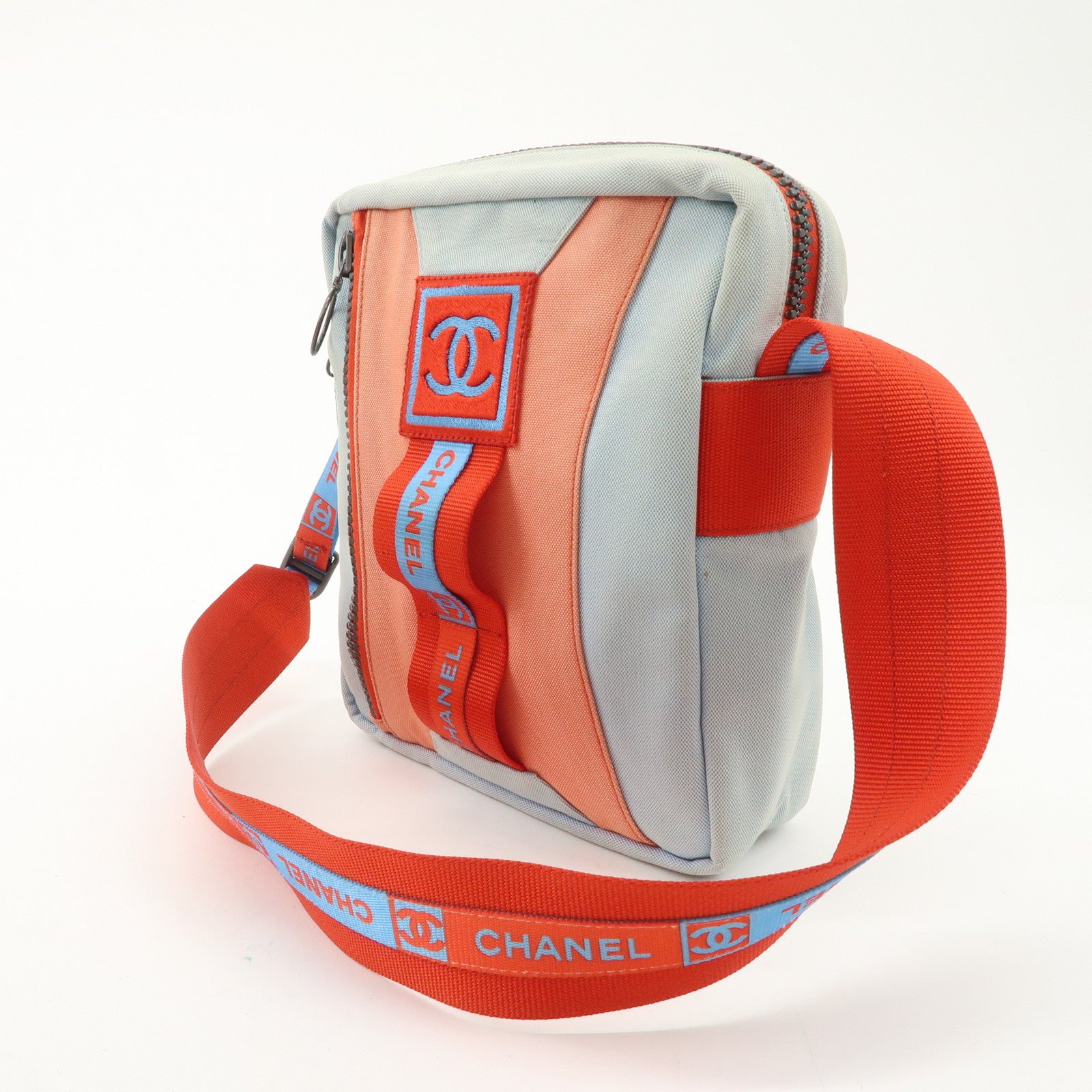 CHANEL Sports Nylon Canvas COCO Mark Shoulder Bag Blue Red Used