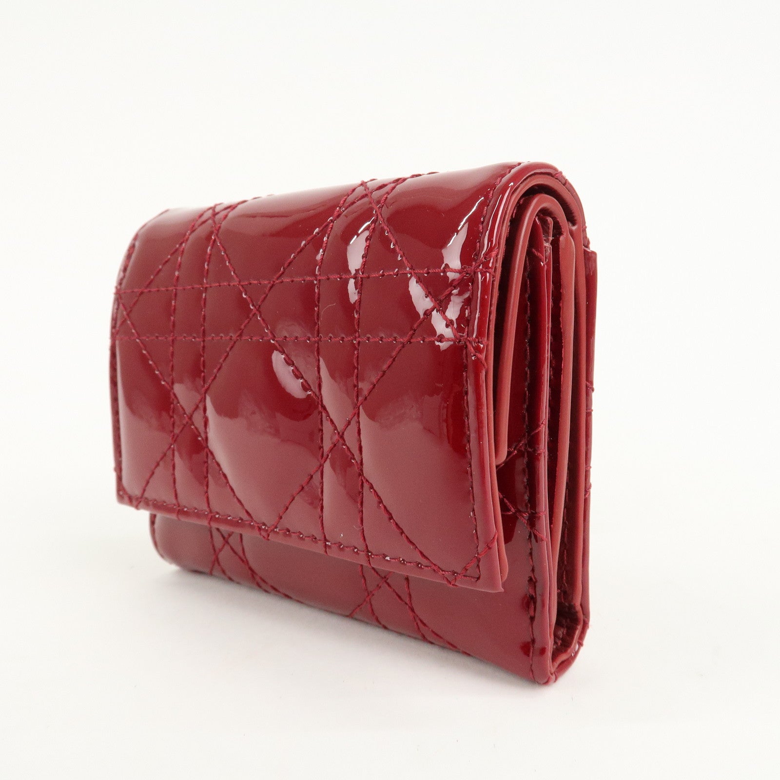 Christian Dior Cannage Lady Dior Leather Lotus Tri fold Wallet Red Used