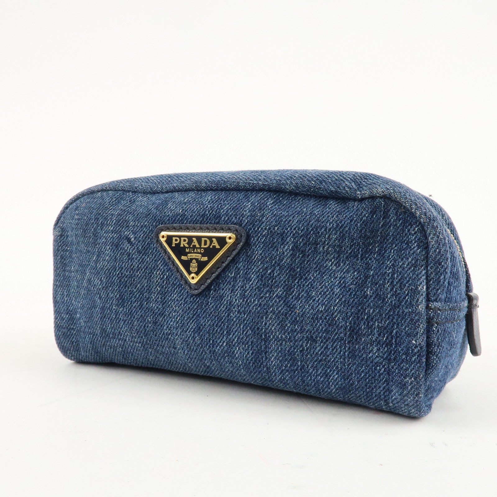 PRADA Triangle Logo Denim Pouch Cosmetic Pouch Blue Used