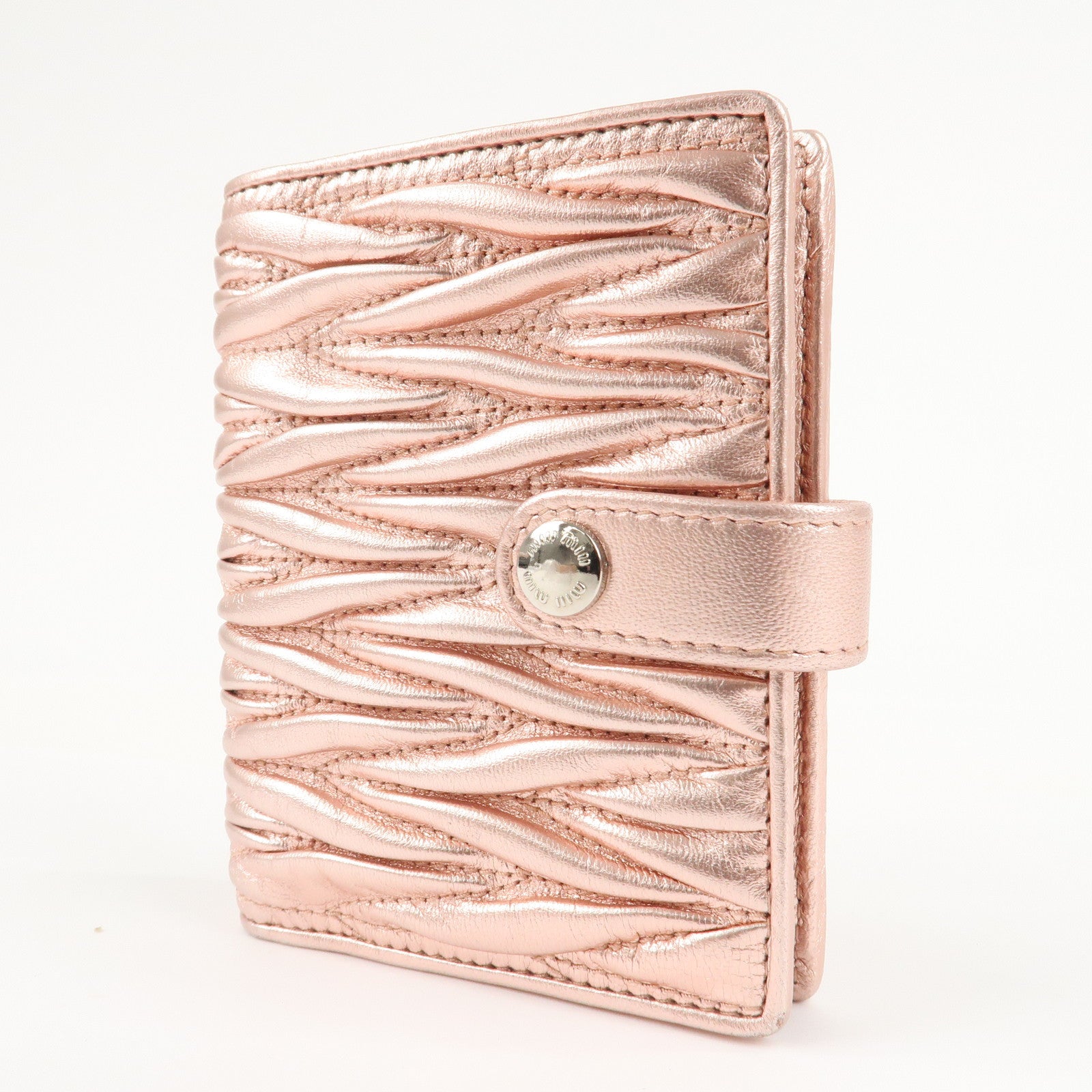 MIU MIU Matelasse Leather Bi-fold Wallet Metalic Pink 5MV016 Used