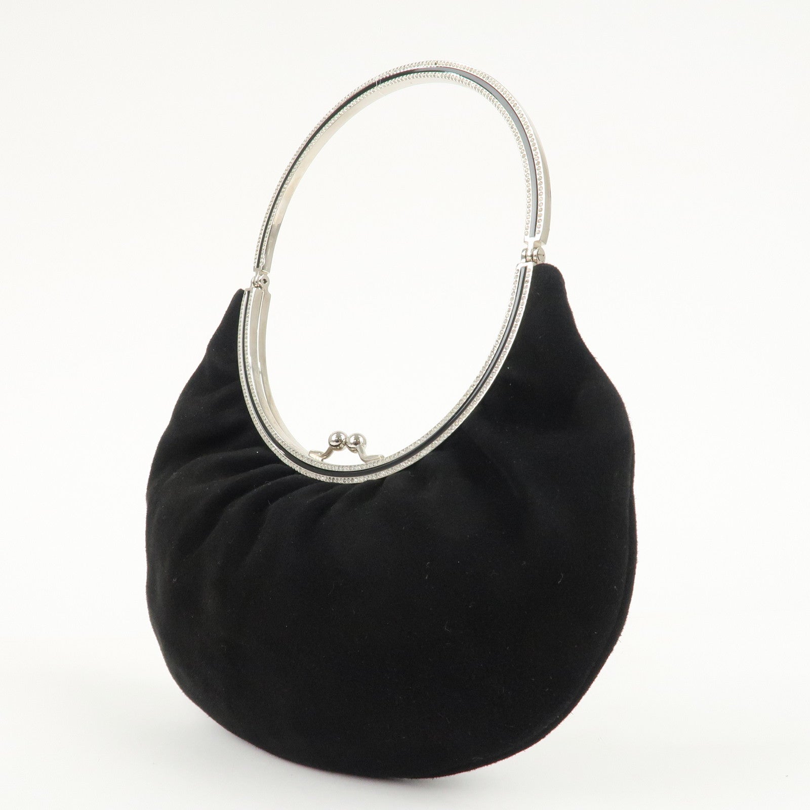 VALENTINO Suede Satin One-Handle Bijou Hand Bag Black Used