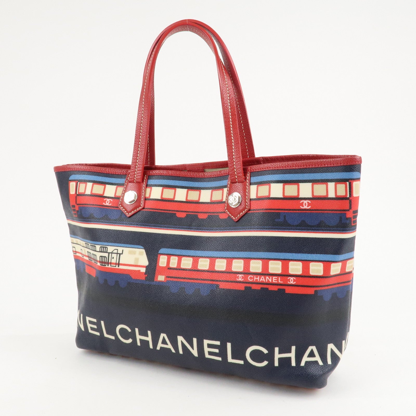 CHANEL PVC Leather Central Station Tote Bag Navy Red Used