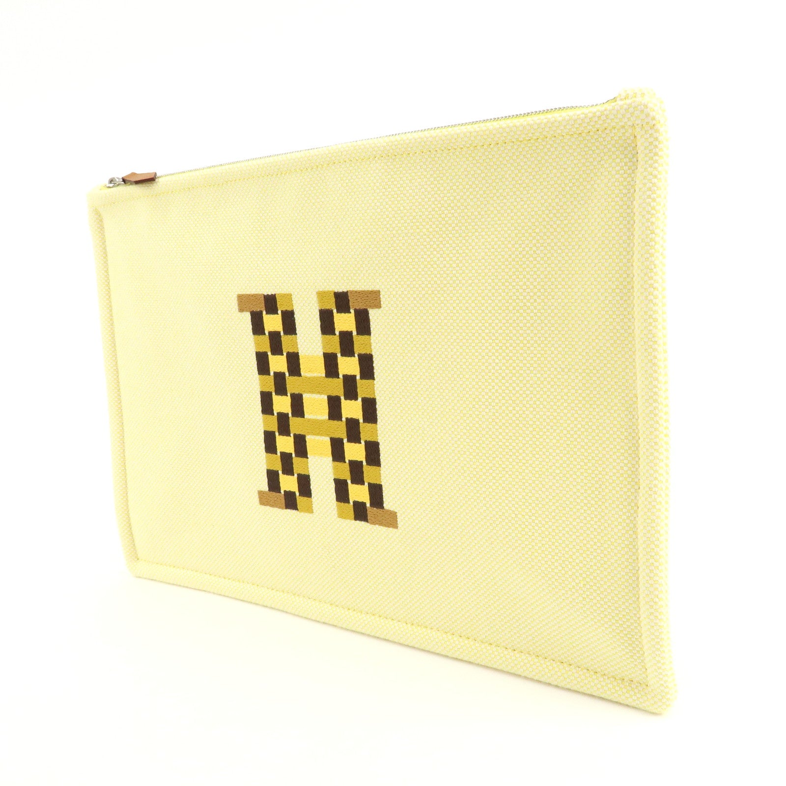 HERMES Canvas Leather H Tissage Yellow Brown Used