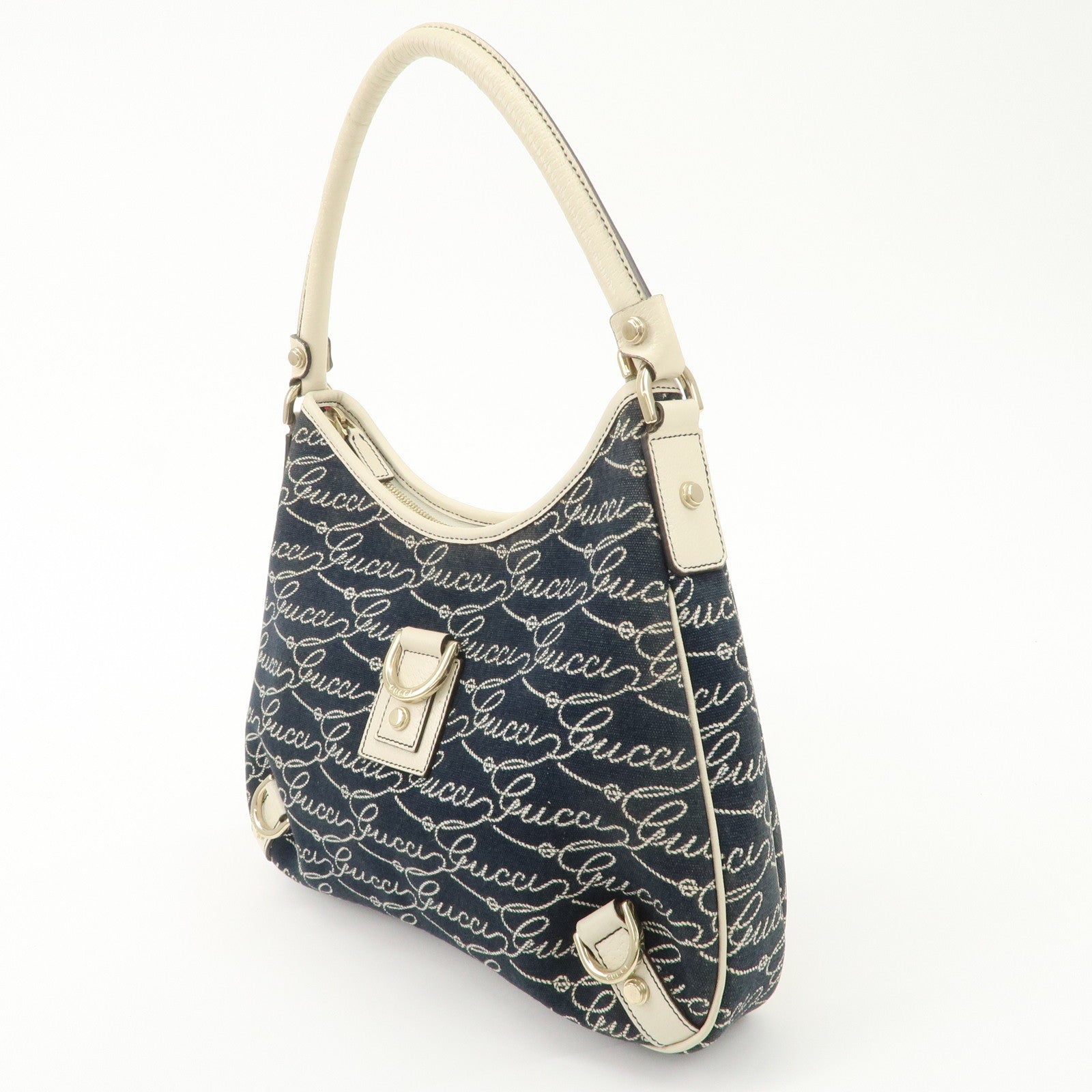 GUCCI Abbey GG Canvas Leather Shoulder Bag Ivory Navy 130738 Used