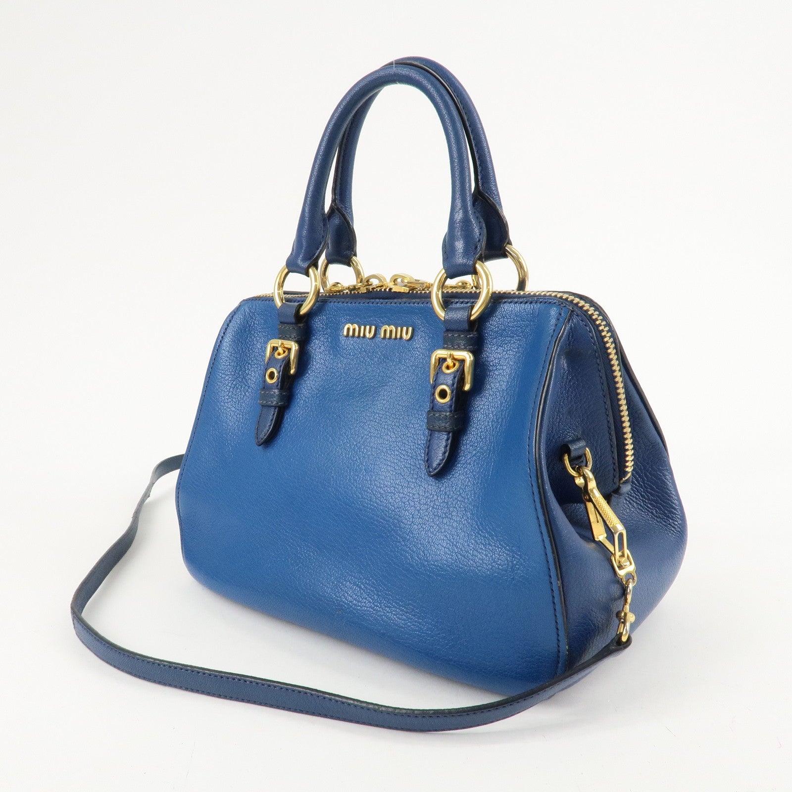 MIU MIU Leather 2Way Shoulder Bag Hand Bag Blue Gold HDW Used