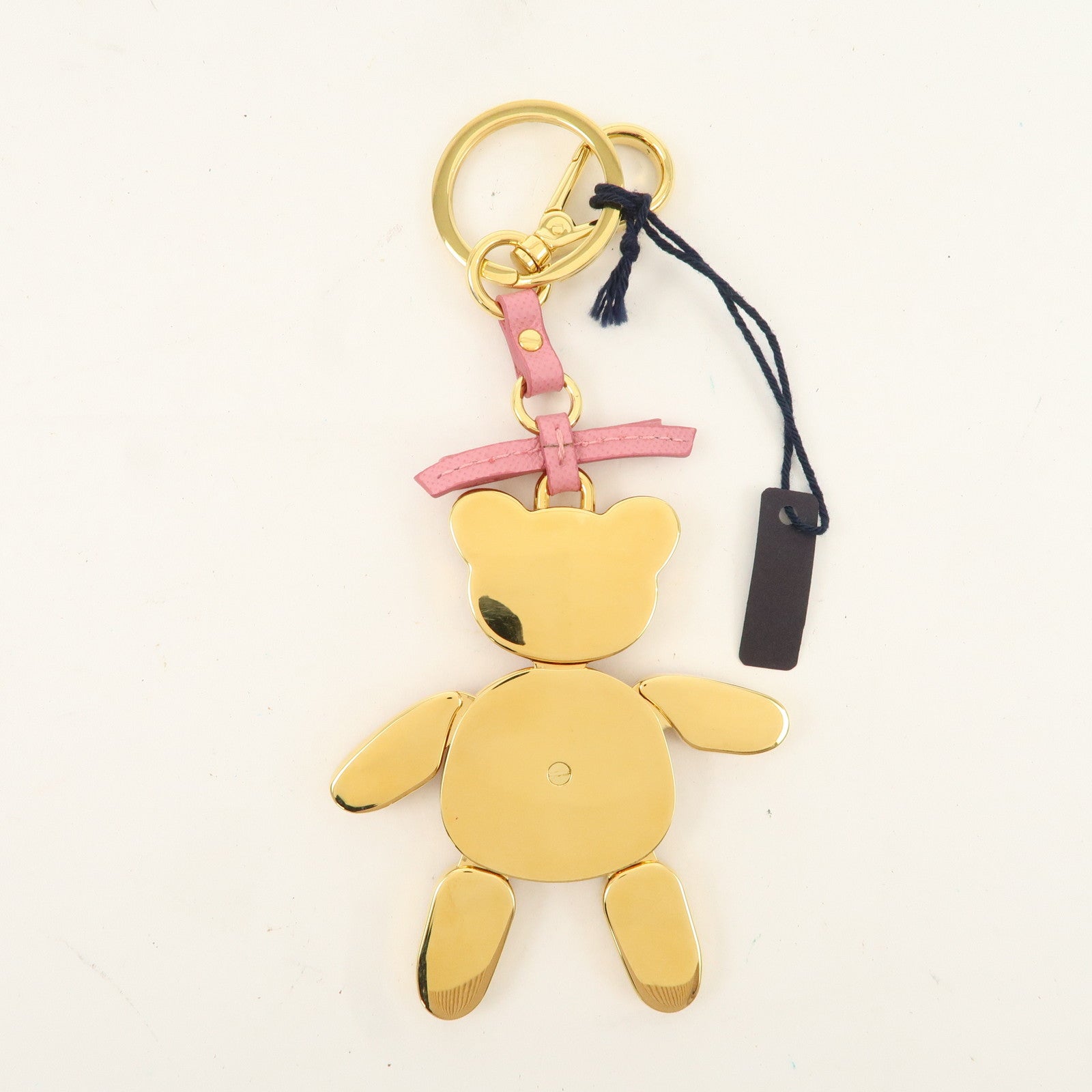 PRADA Saffiano Leather Metal Bear Bag Charm Key Chain Pink Used