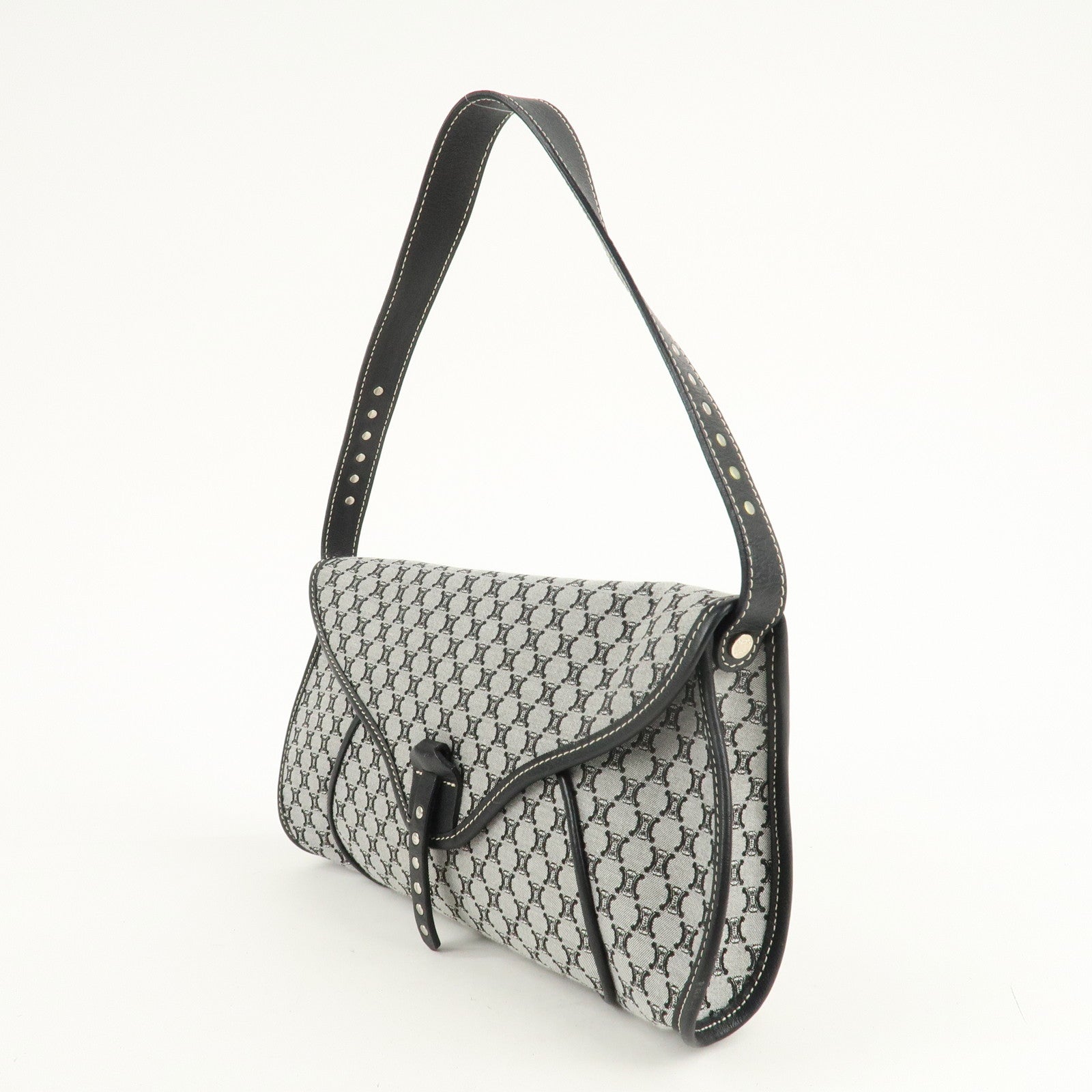 CELINE Macadam Canvas Leather Shoulder Bag Gray Black Used