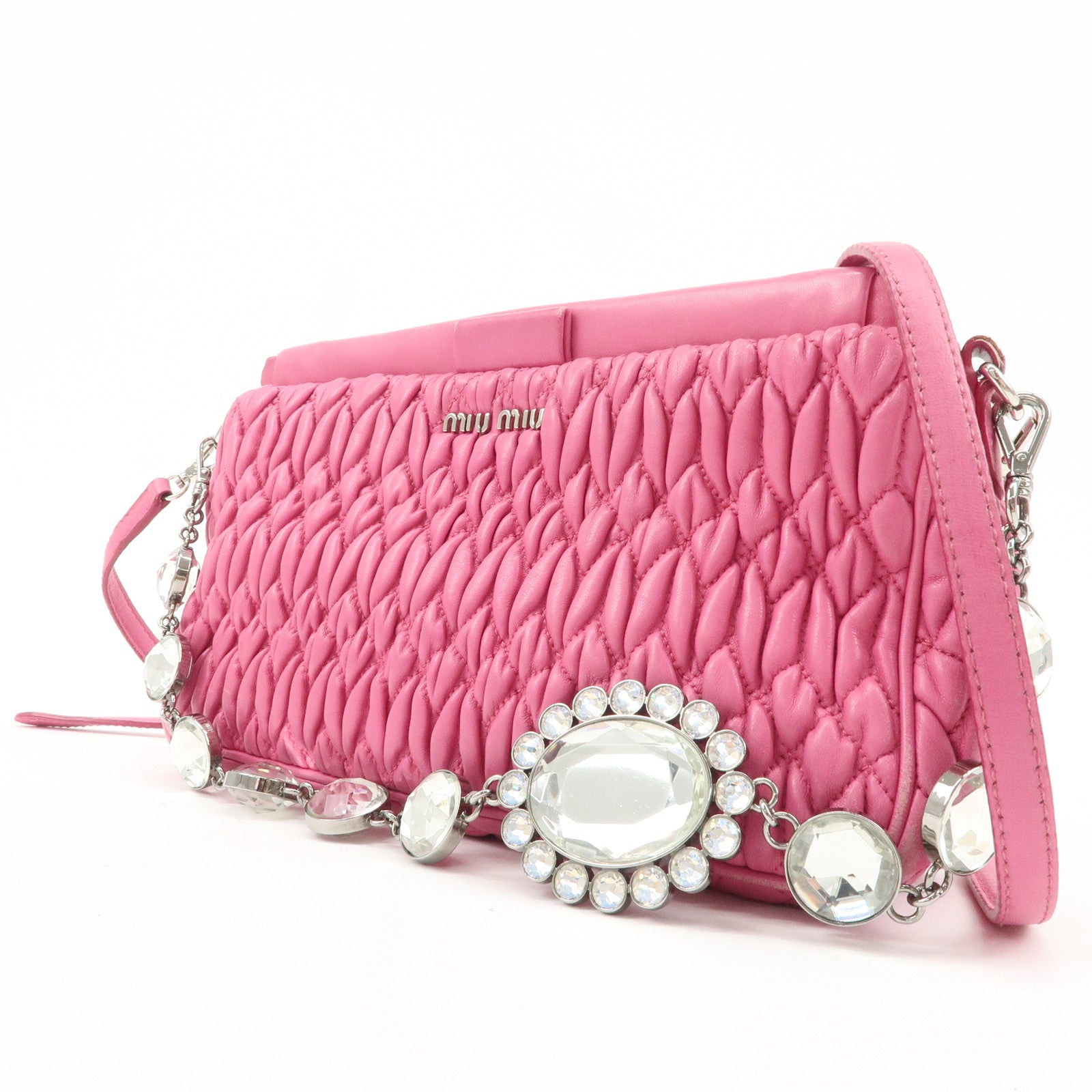 MIU MIU Matelasse Leather Bijou Shoulder Bag Hand Bag Pink Used