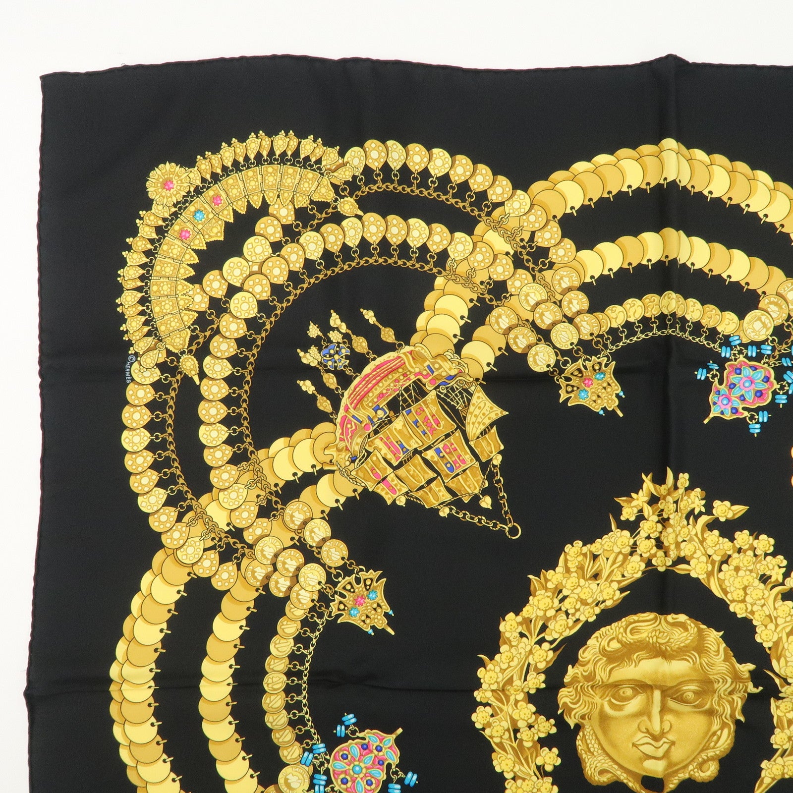 HERMES Silk 100% Carre 90 KOSMIMA Universe Black Gold Used