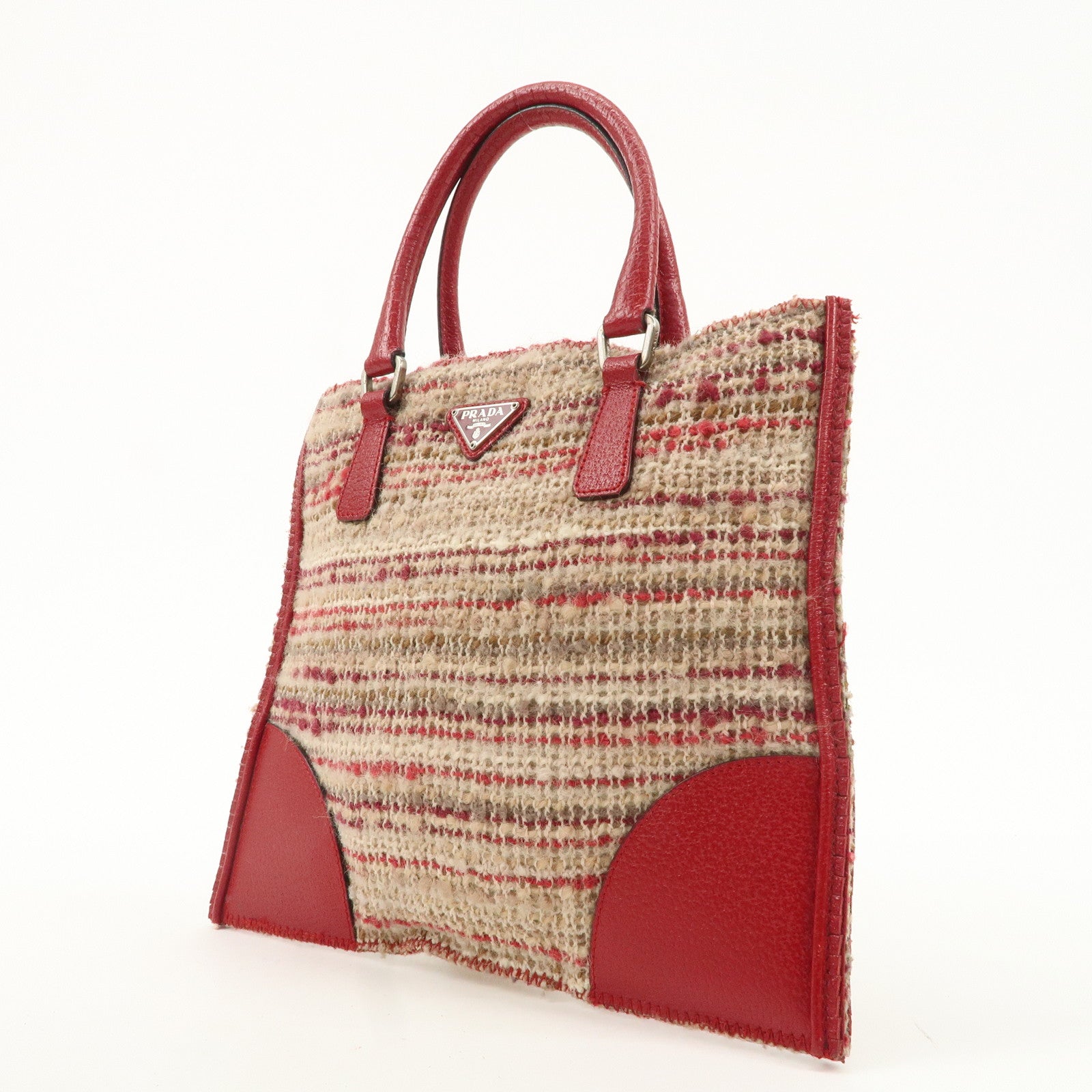 PRADA Logo Tweed Leather Hand Bag Beige Red Used